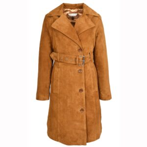 BUNERI Women’s Genuine Suede Trench Coat 3/4 Length Cognac with Belt