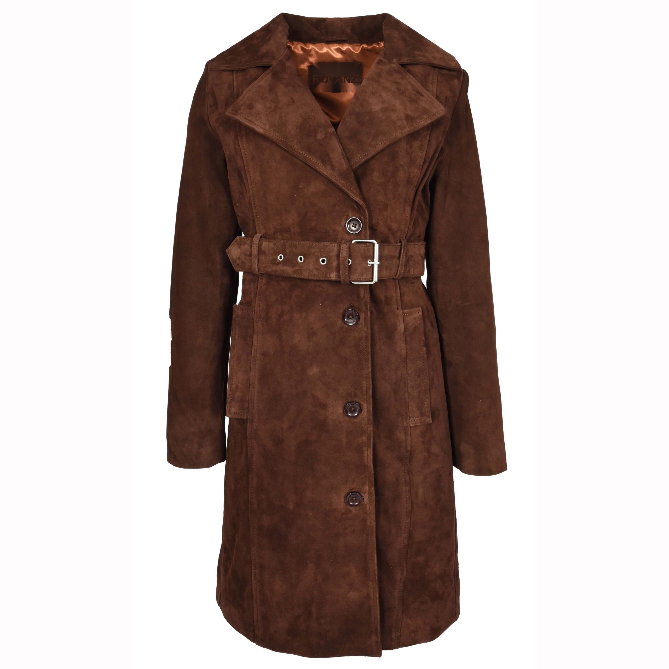 BUNERI Women's Genuine Suede Trench Coat 3/4 Length Foxy Rust Brown with Belt