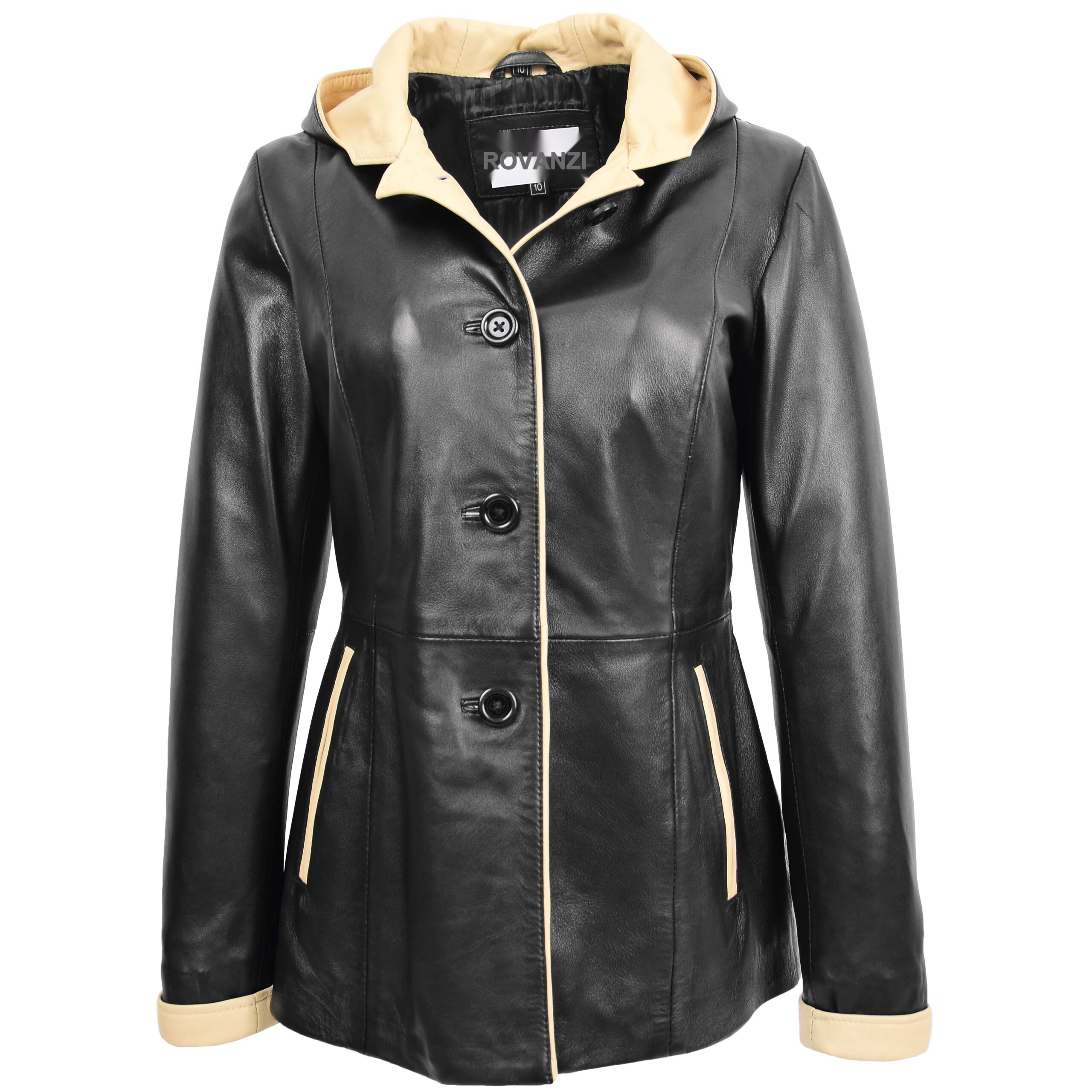 BUNERI Women's Black Beige Leather Jacket with Hood