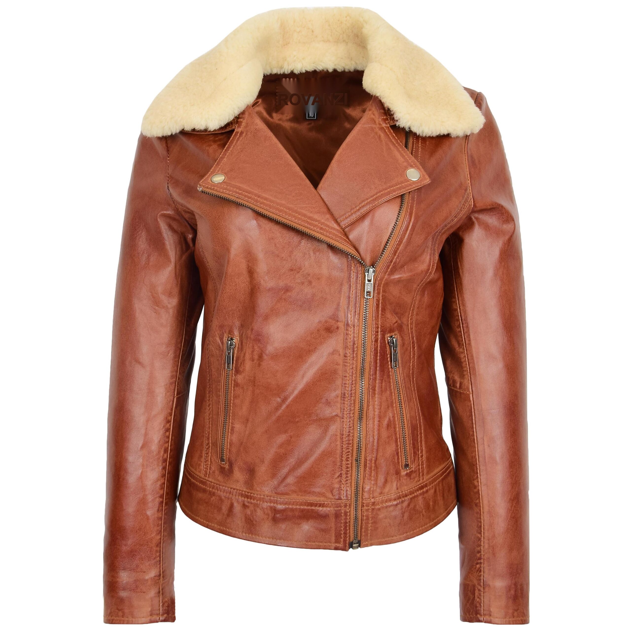 BUNERI Women's Leather Biker Jacket with Detachable Collar Chestnut