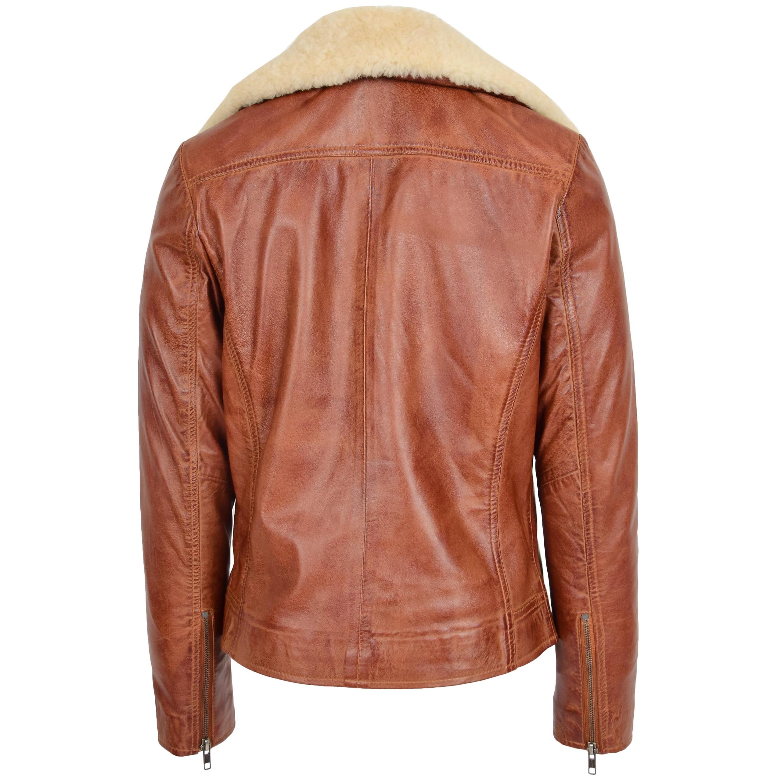 BUNERI Women's Leather Biker Jacket with Detachable Collar Chestnut – 2