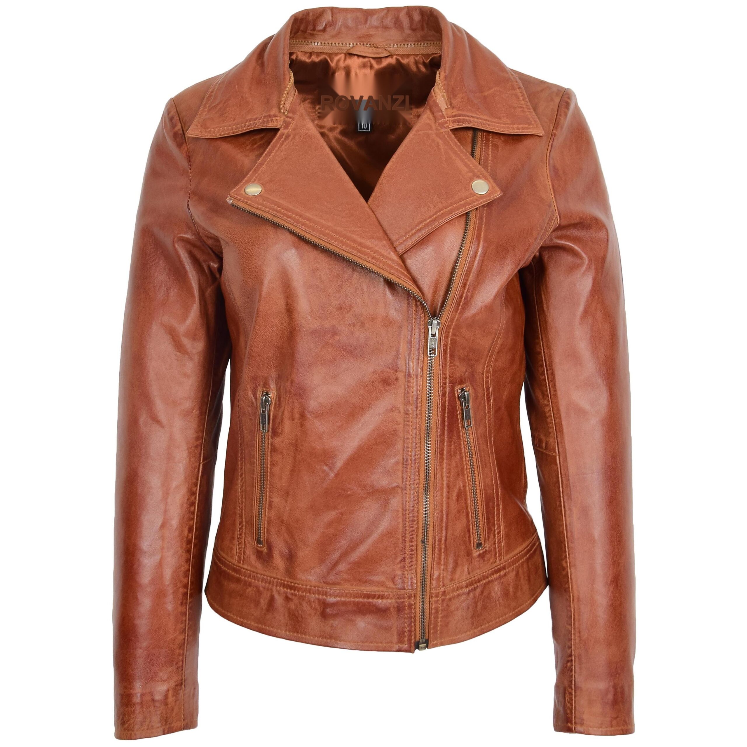 BUNERI Women's Leather Biker Jacket with Detachable Collar Chestnut – 3