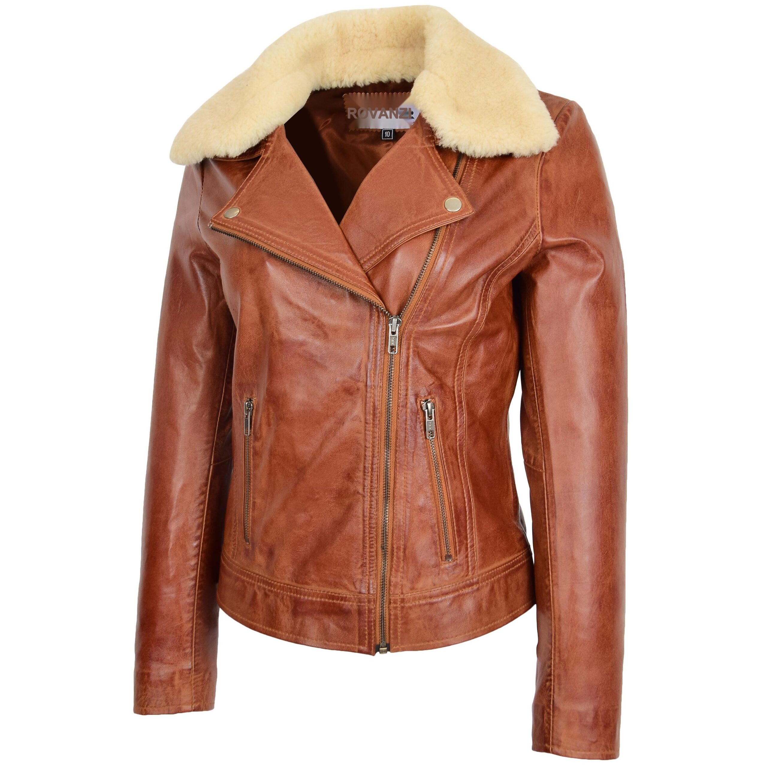 BUNERI Women's Leather Biker Jacket with Detachable Collar Chestnut – 4