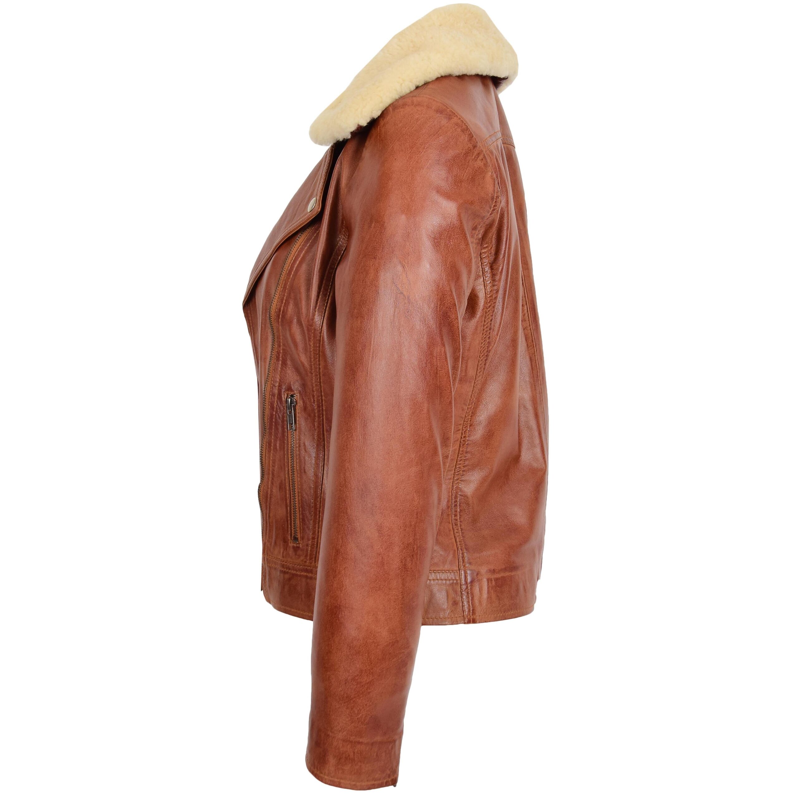 BUNERI Women's Leather Biker Jacket with Detachable Collar Chestnut – 5