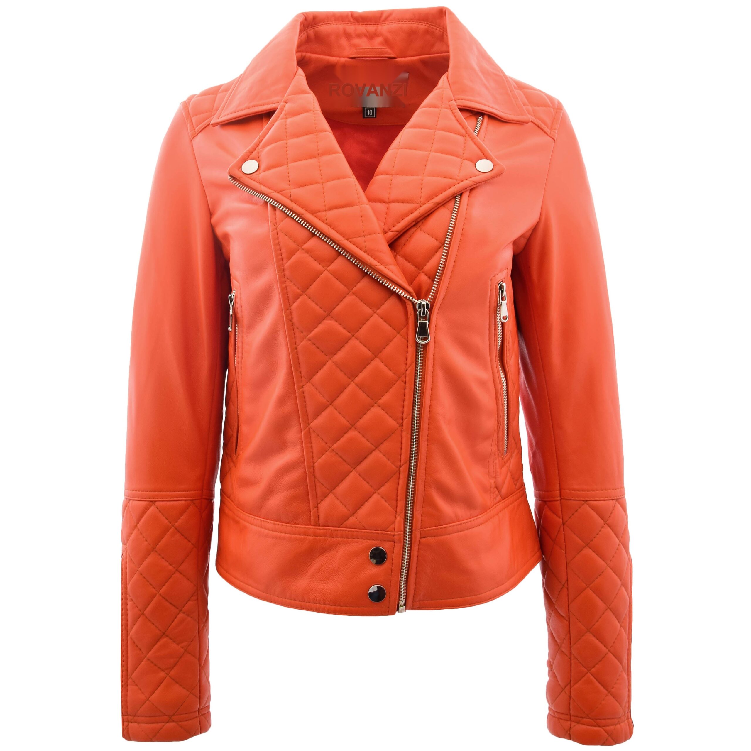 BUNERI Orange Leather Biker Jacket with Quilt Detail Women