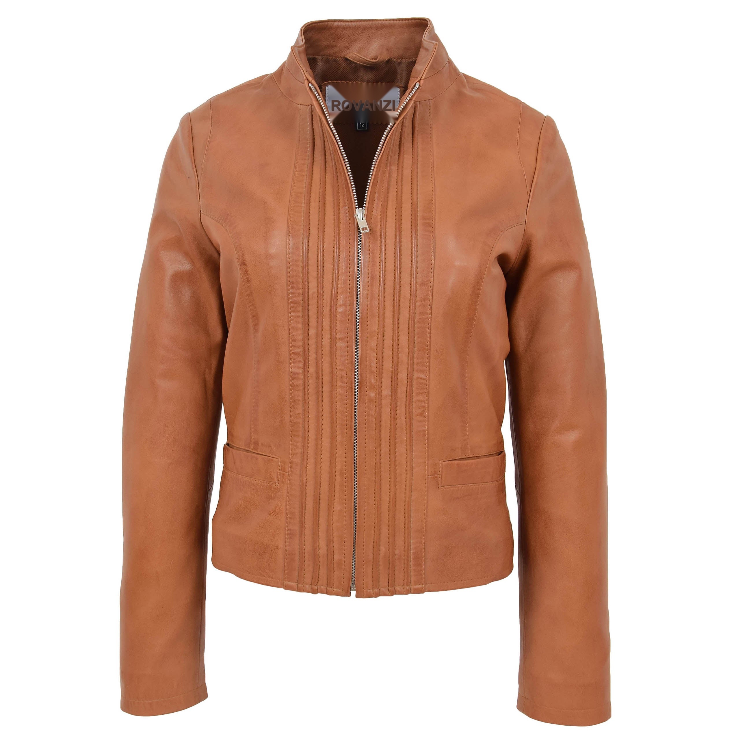 BUNERI Women's Leather Casual Standing Collar Jacket Tan