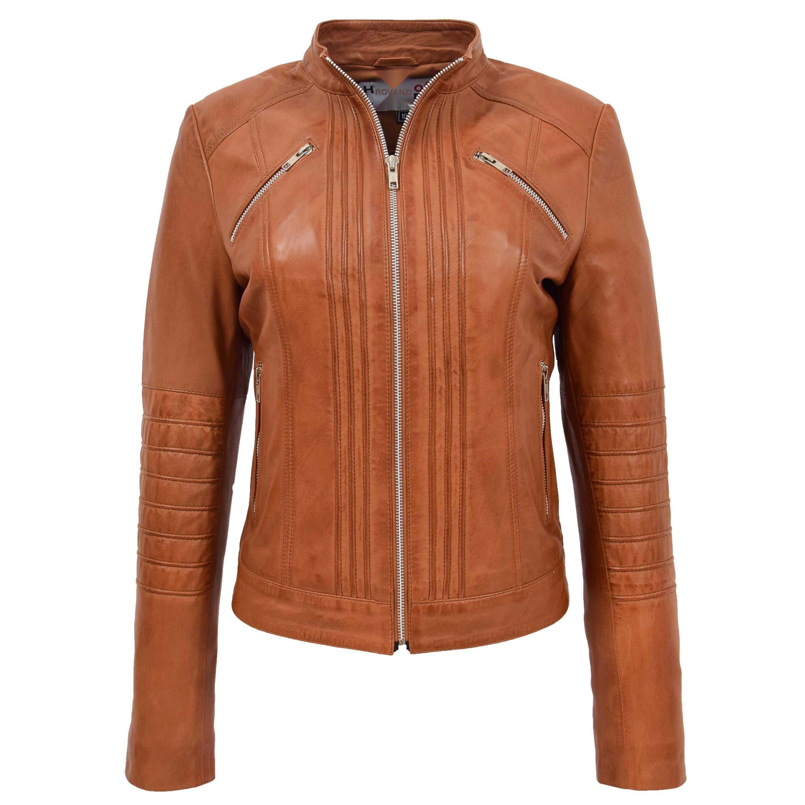BUNERI Women's Leather Classic Biker Style Jacket Tan