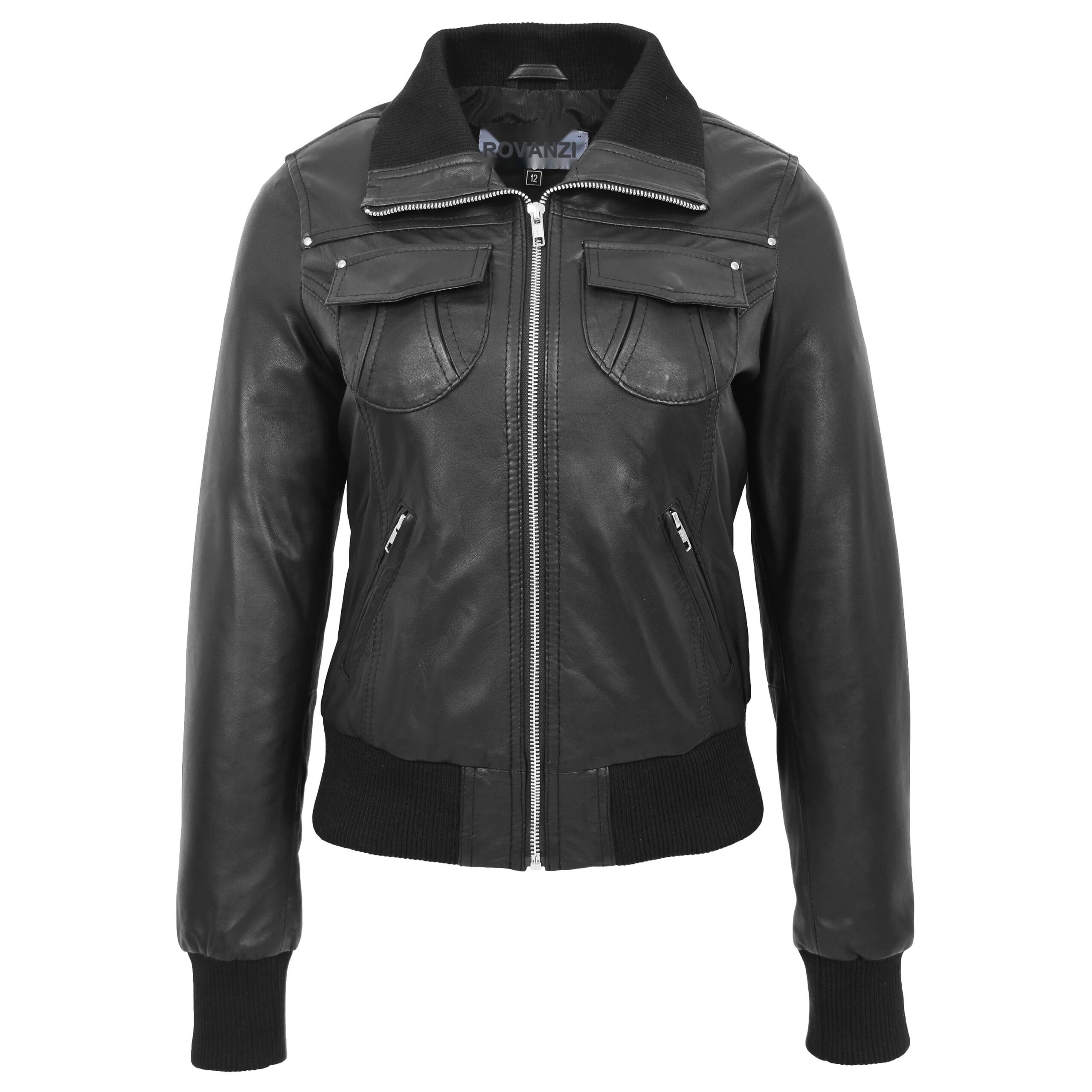 BUNERI Black Classic Leather Bomber Jacket Women