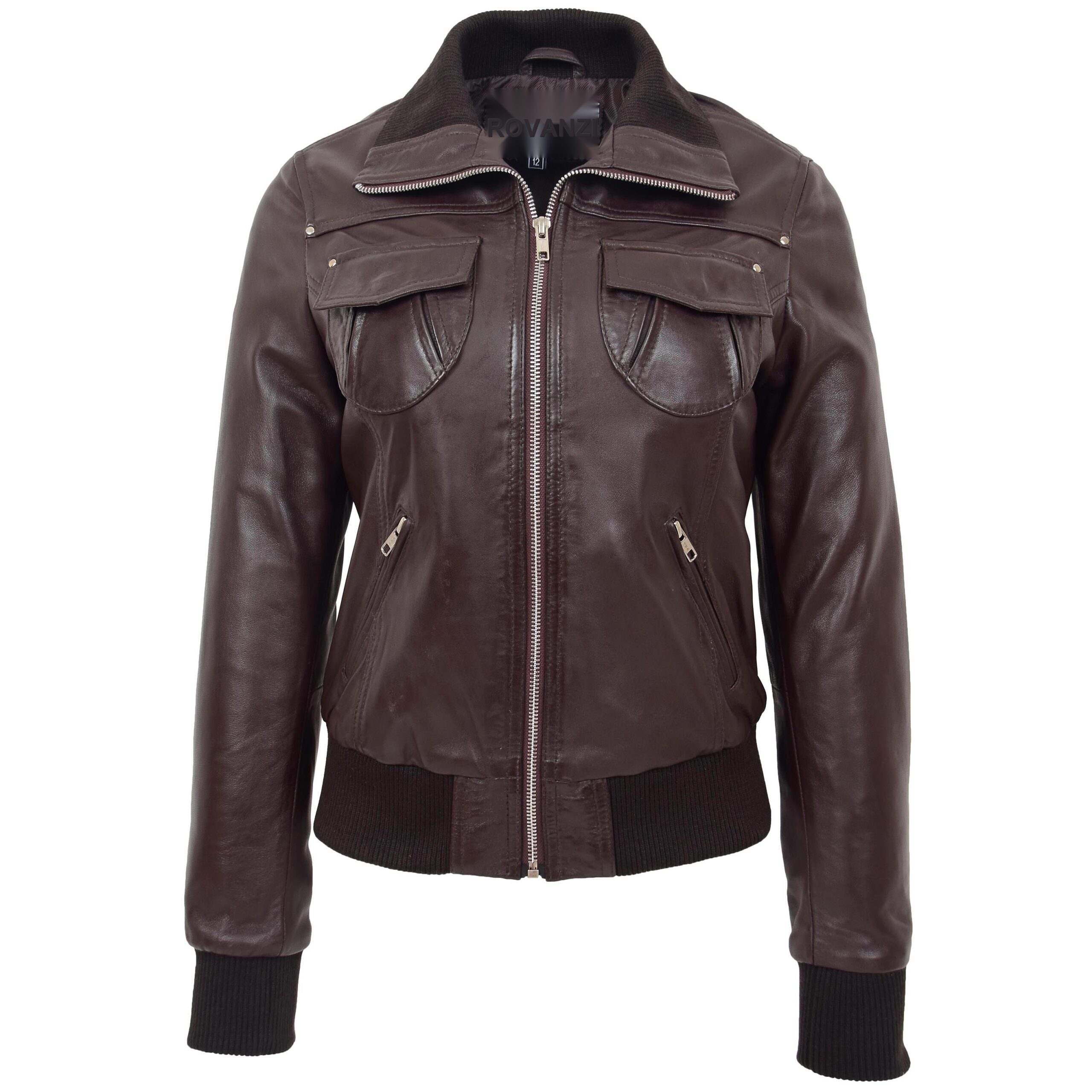 BUNERI Women's Leather Classic Bomber Jacket Brown