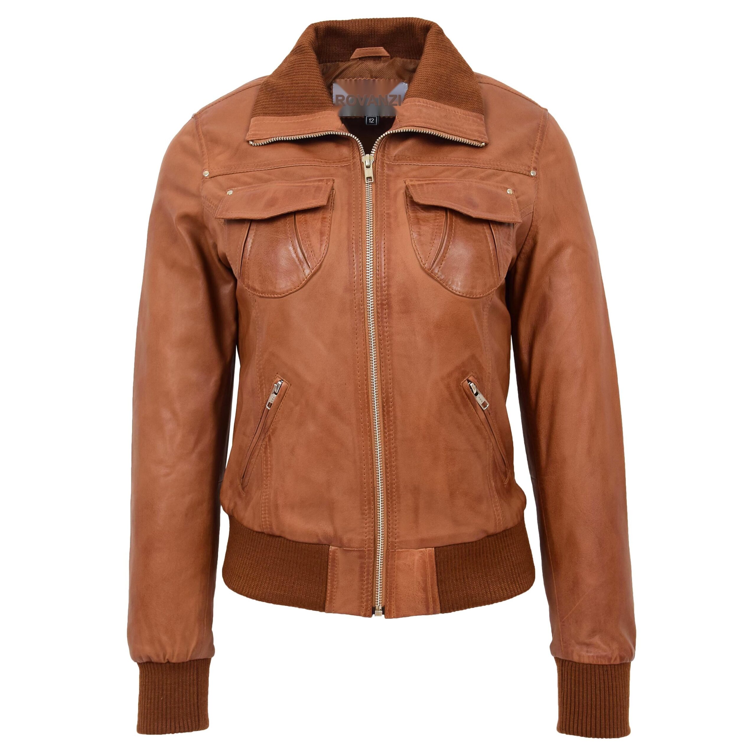 BUNERI Women's Leather Classic Bomber Jacket Tan