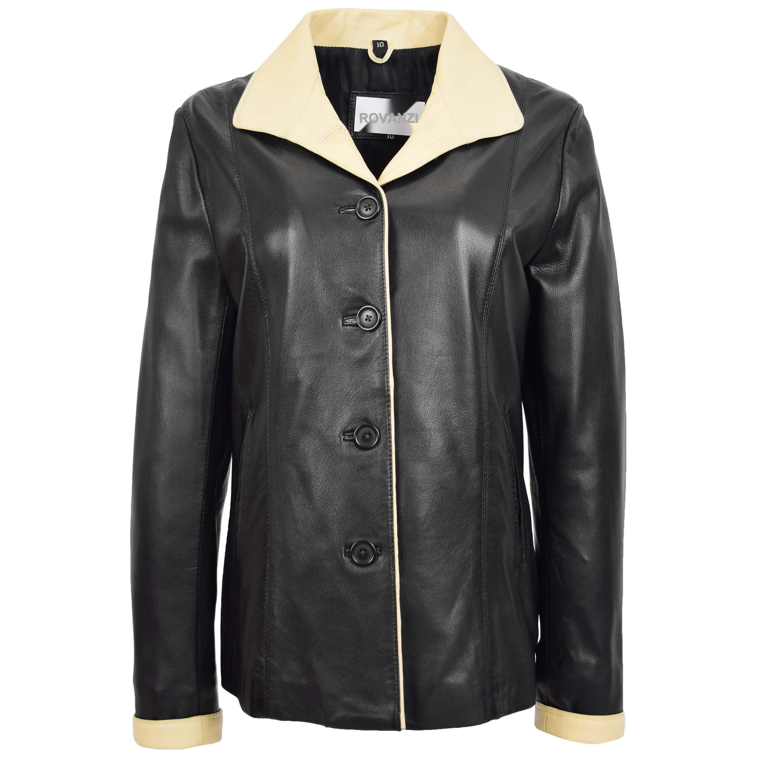 BUNERI Women's Leather Classic Button Box Jacket Black Beige II