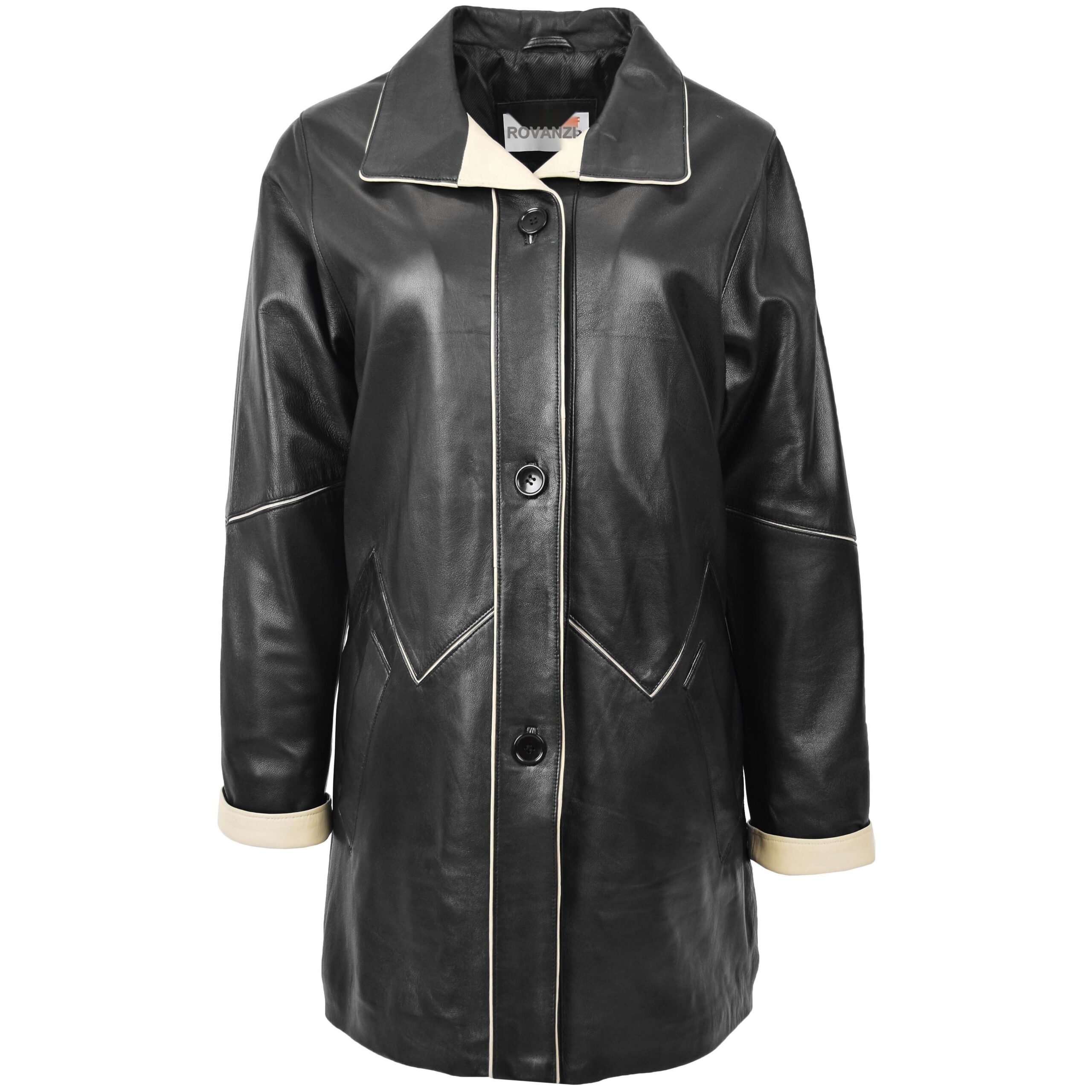 BUNERI Women's Leather Coat 3/4 Length Classic Style Black Beige