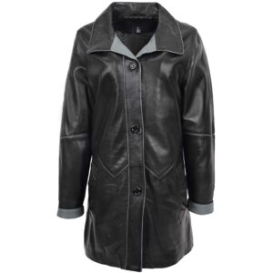 BUNERI Black Gray 3/4 Length Leather Coat Classic Style