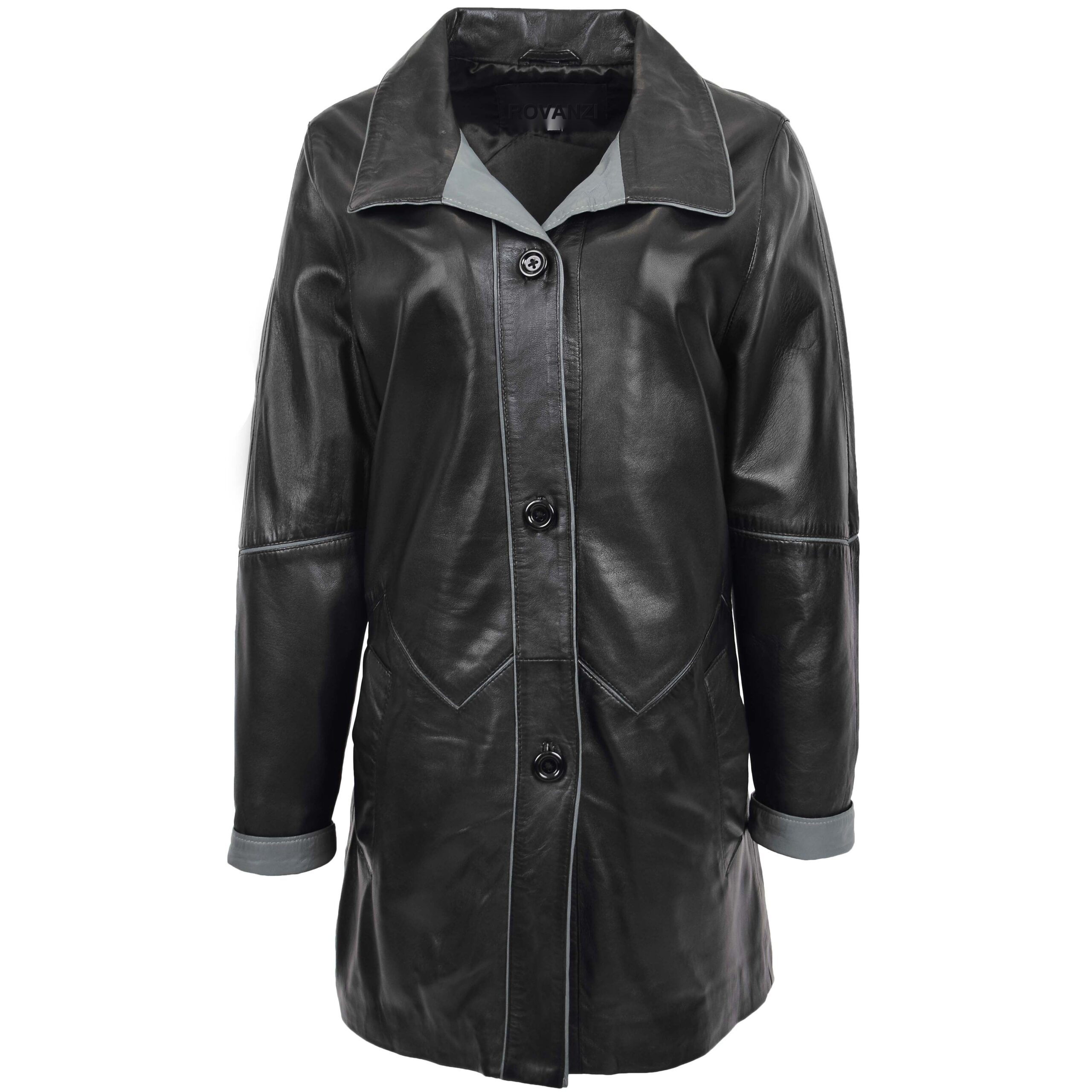 BUNERI Black Gray 3/4 Length Leather Coat Classic Style