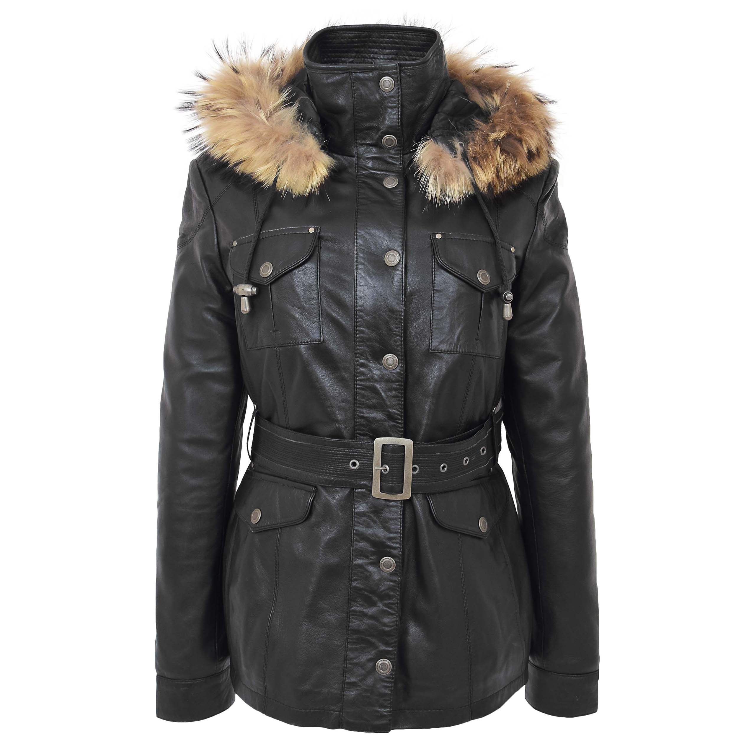 BUNERI Women's Leather Coat Detachable Hoodie Black