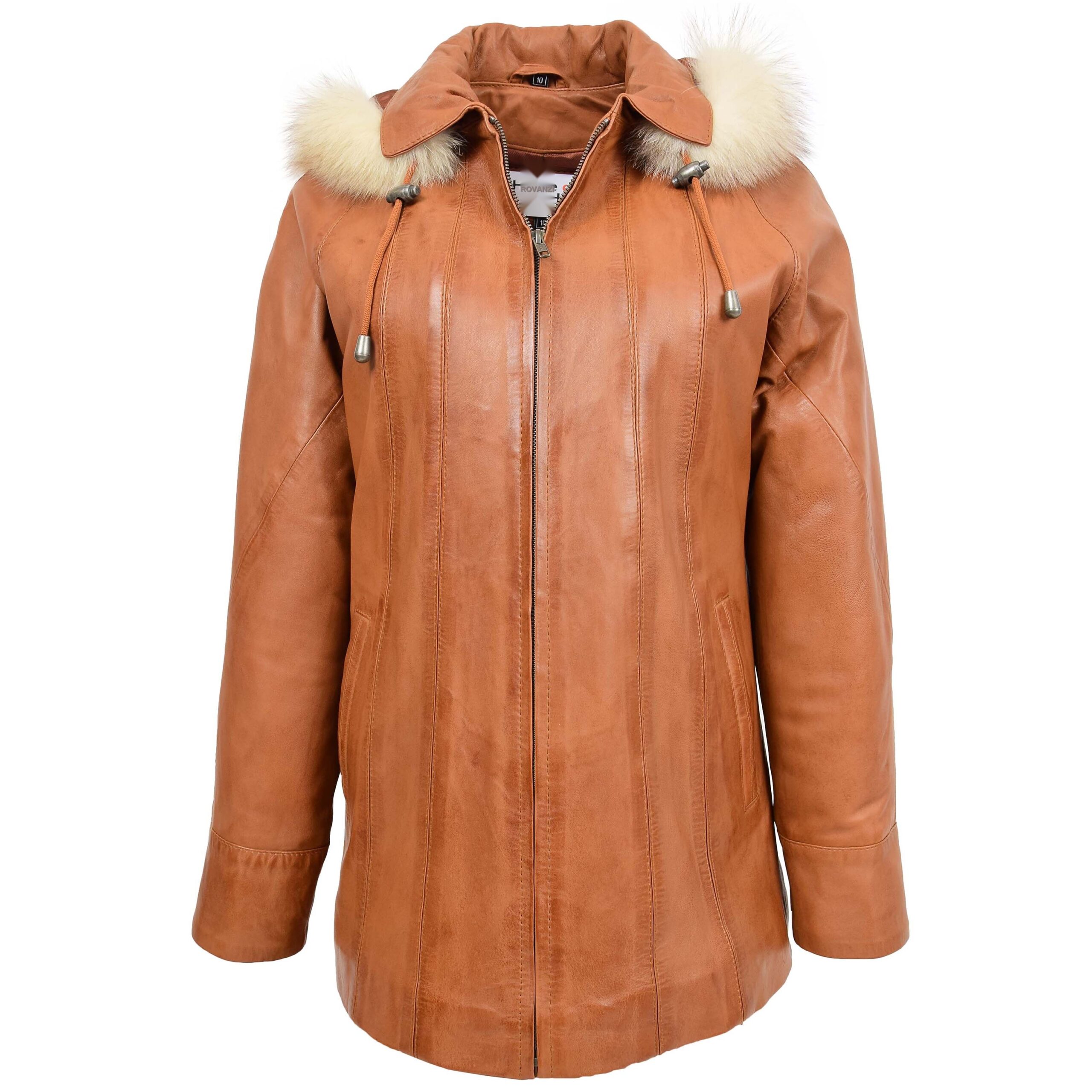 BUNERI Tan Leather Coat with Hoodie Women