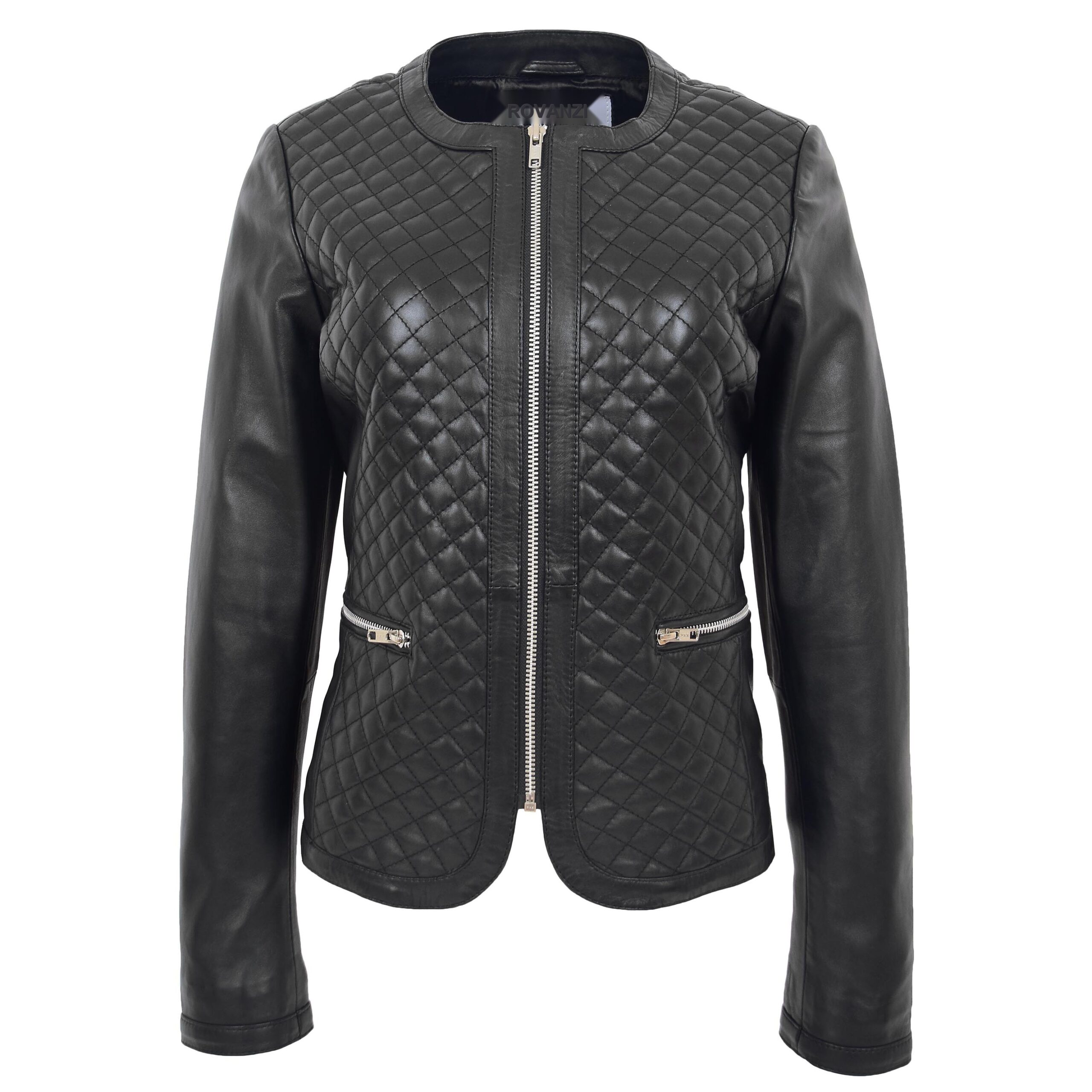 BUNERI Black Leather Collarless Quilted Jacket