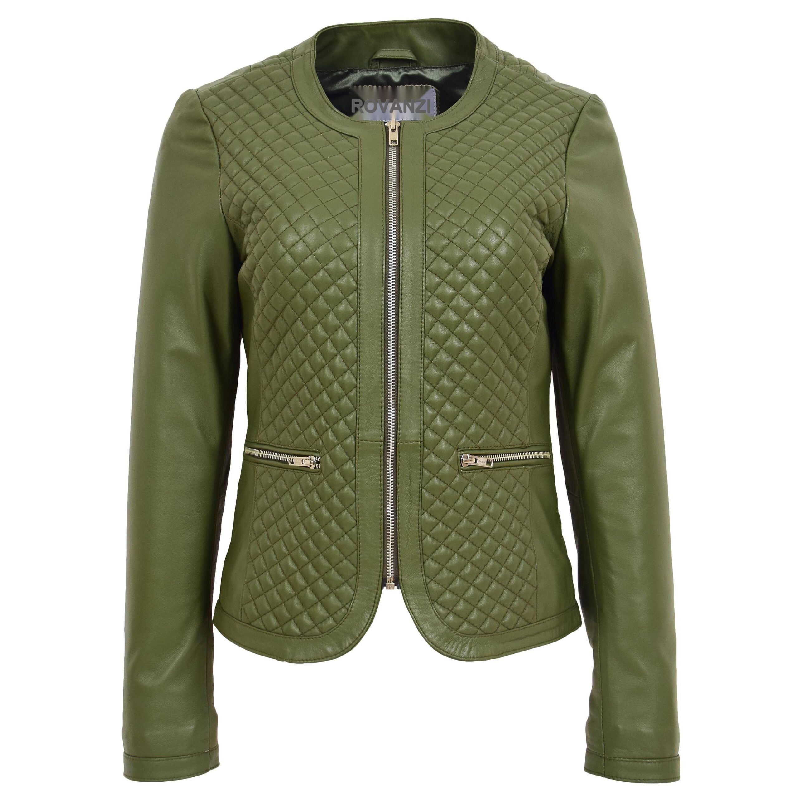 BUNERI Women's Leather Collarless Jacket Quilt Design Olive Green