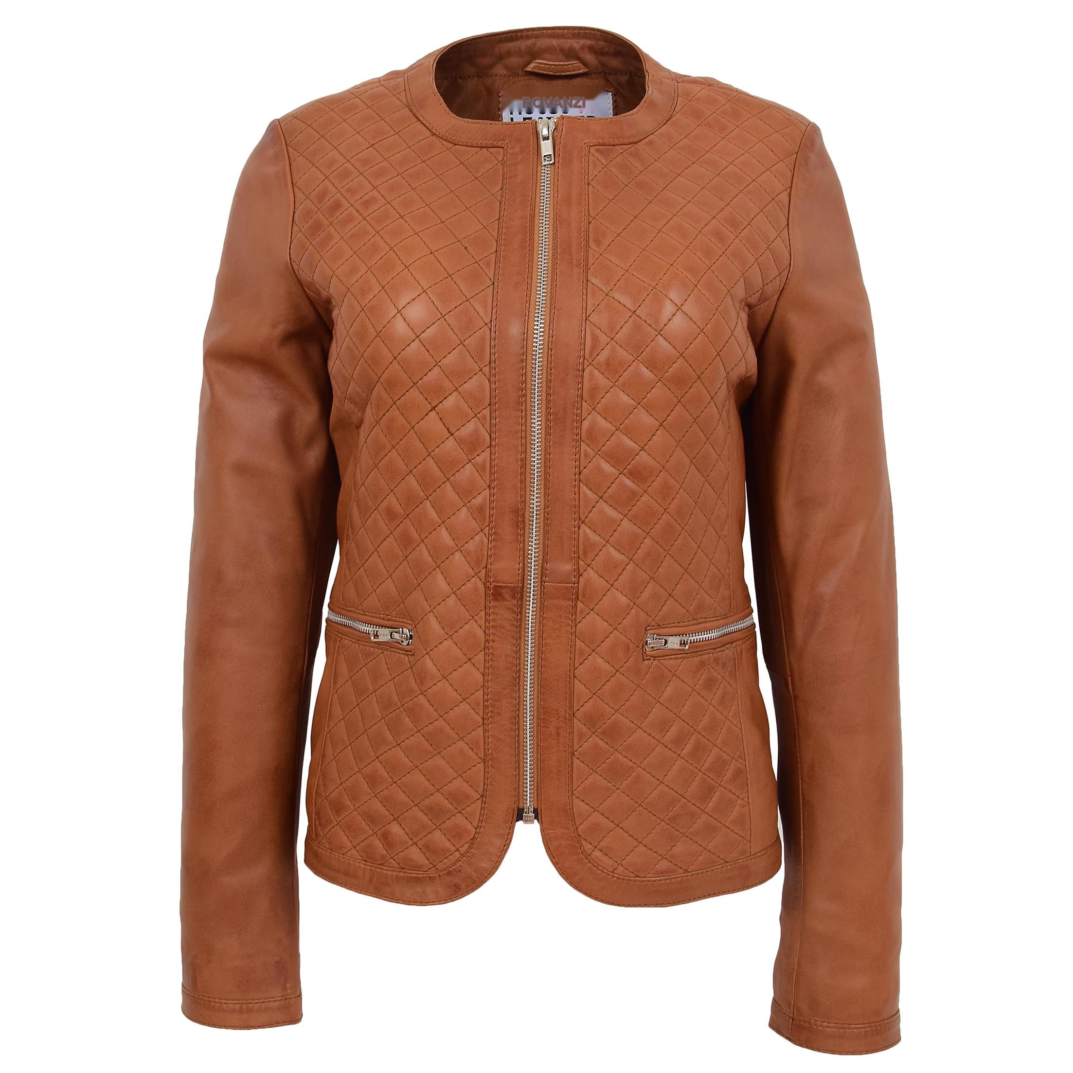 BUNERI Tan Leather Collarless Quilted Jacket