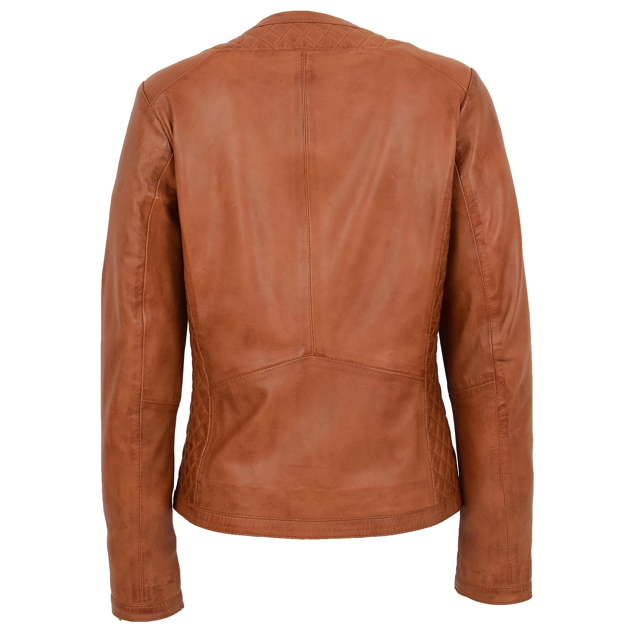 BUNERI Tan Leather Collarless Quilted Jacket – 2