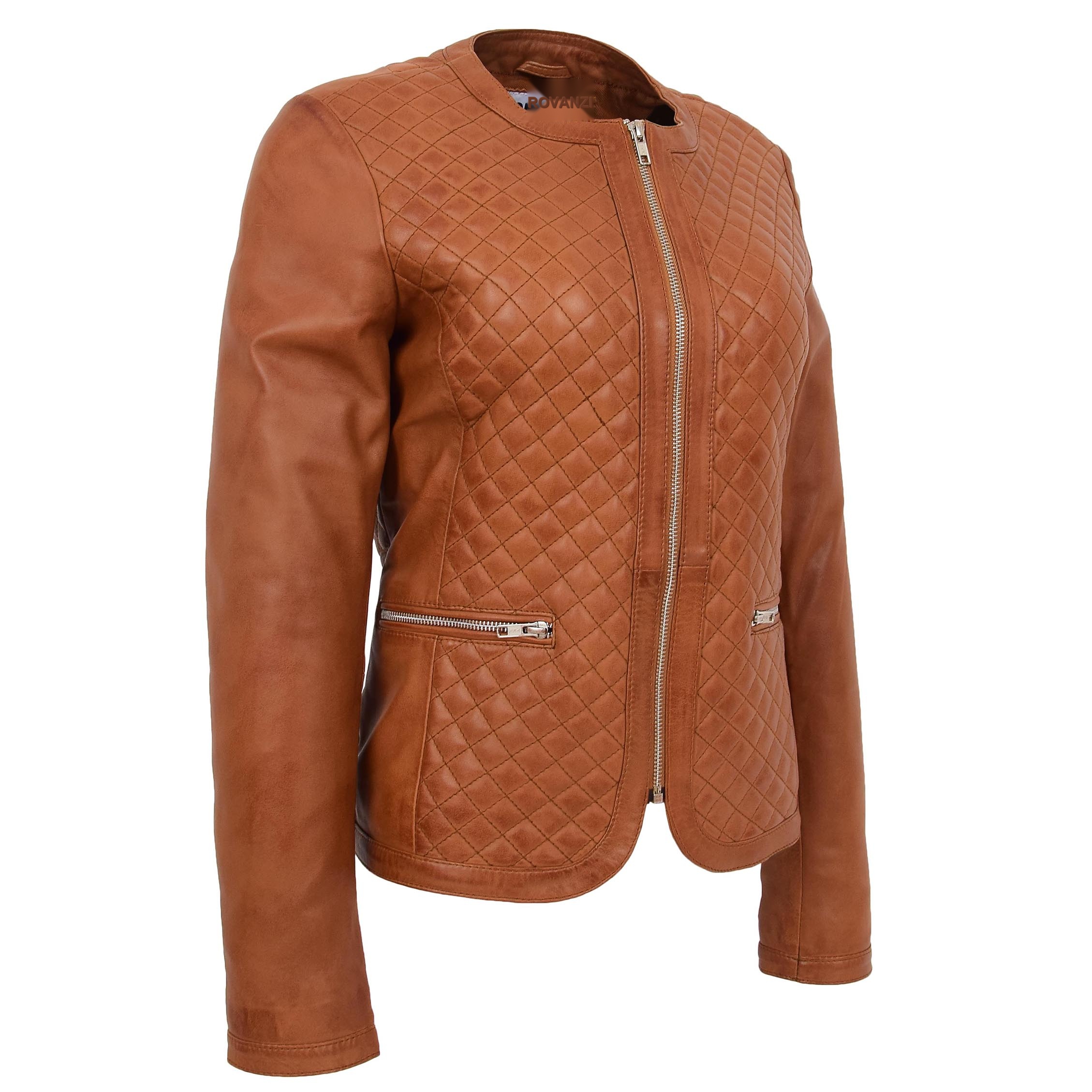 BUNERI Tan Leather Collarless Quilted Jacket – 3