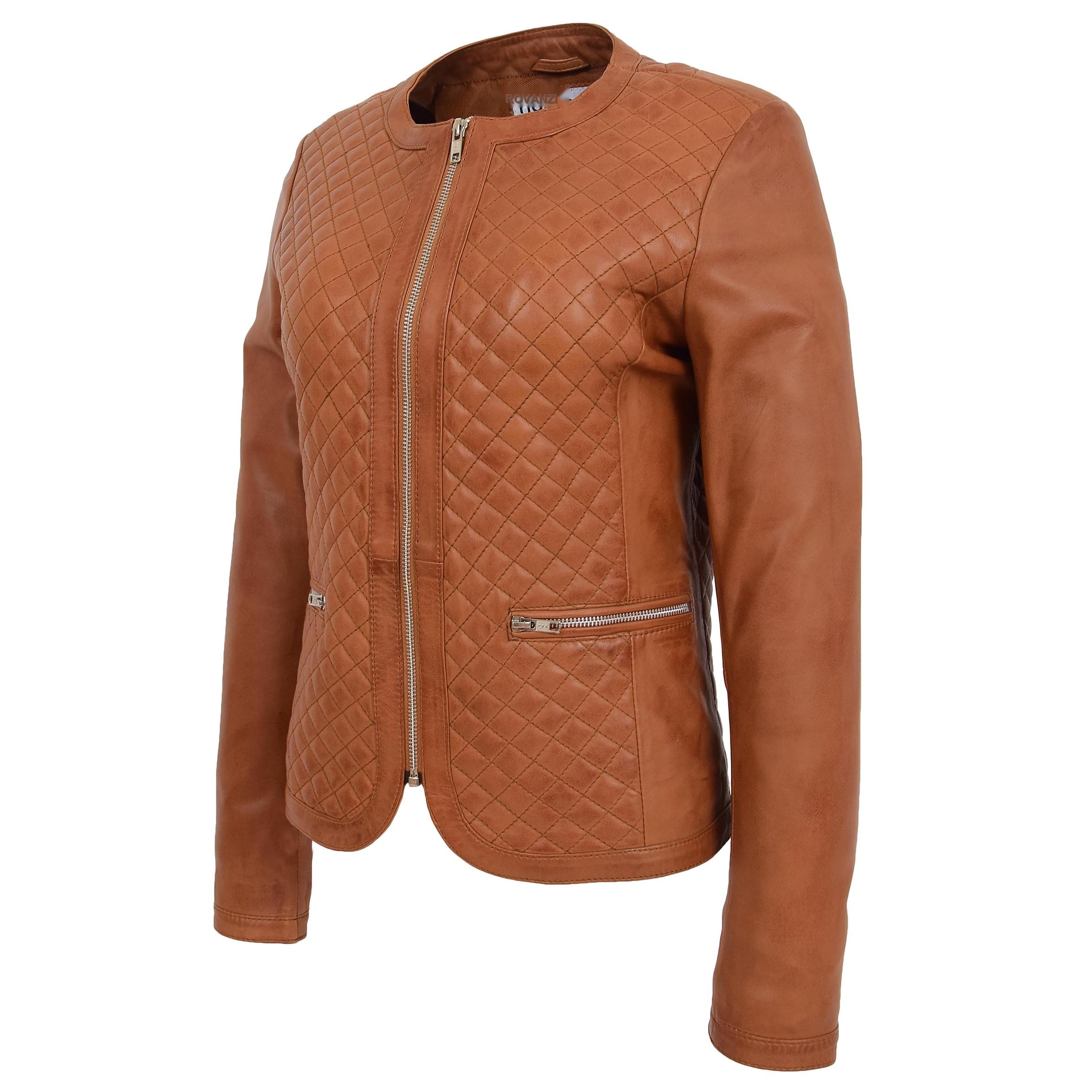 BUNERI Tan Leather Collarless Quilted Jacket – 4