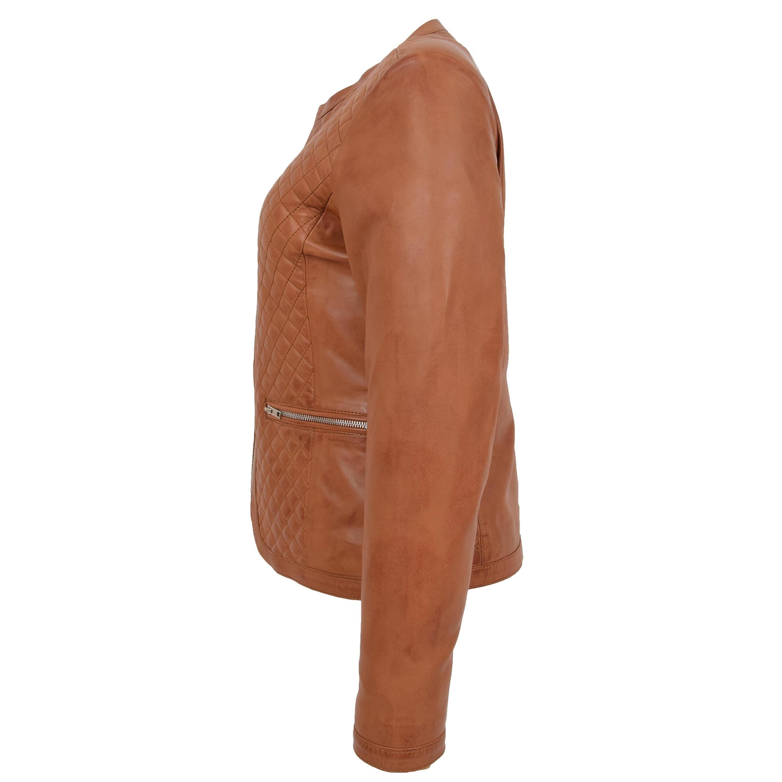 BUNERI Tan Leather Collarless Quilted Jacket – 5