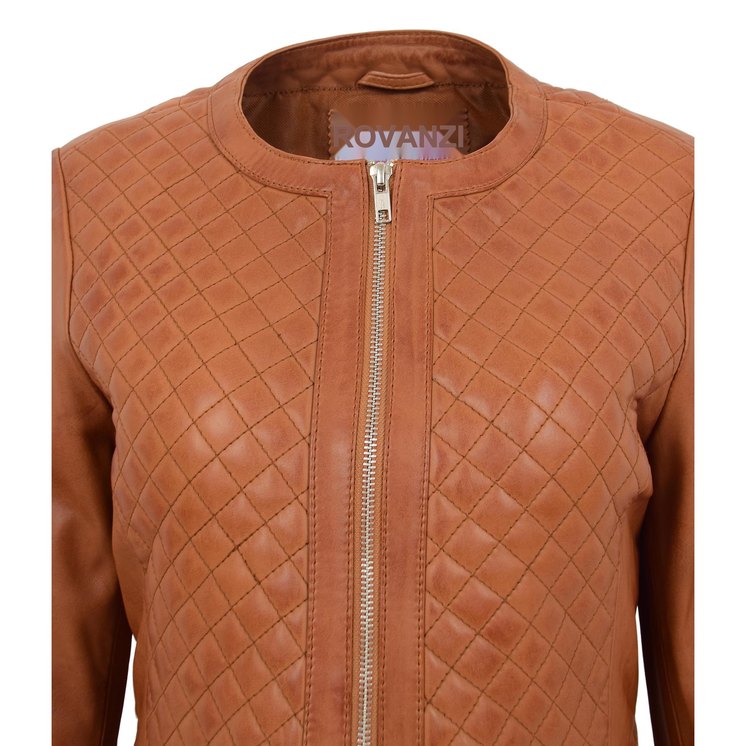 BUNERI Tan Leather Collarless Quilted Jacket – 7
