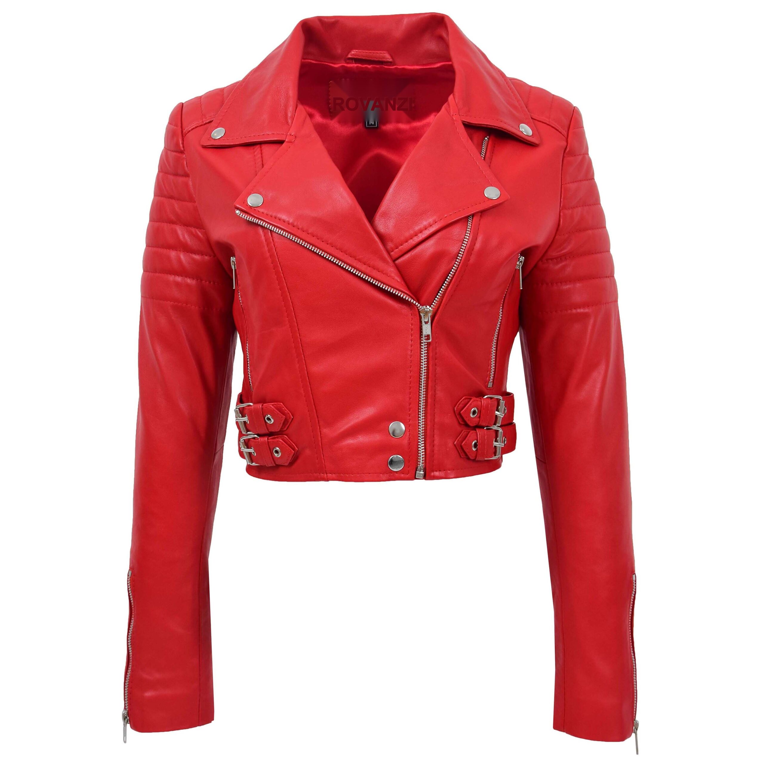 BUNERI Red Cropped Leather Biker Jacket Women