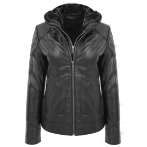 BUNERI Women’s Black Leather Detachable Hooded Coat