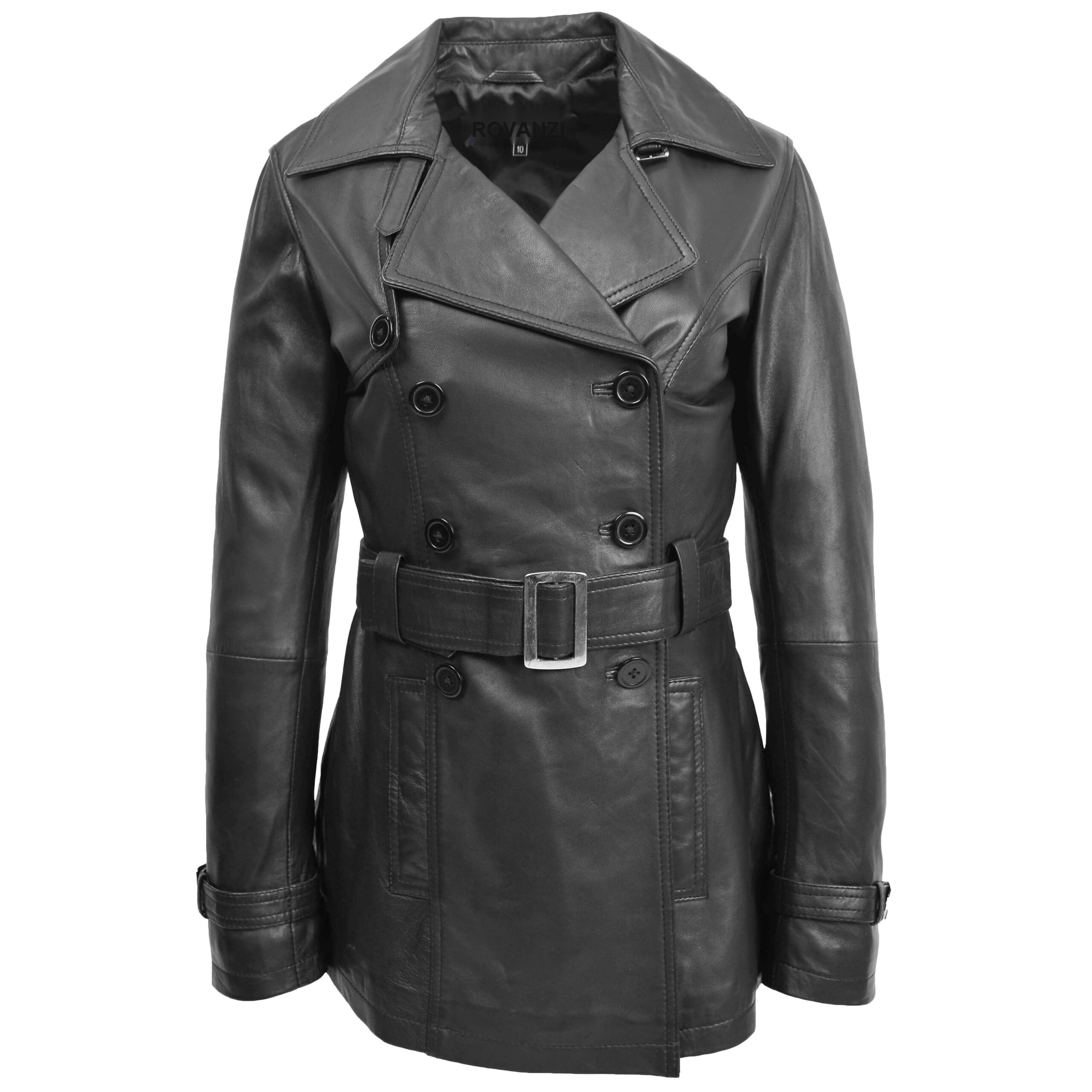 BUNERI Women's Leather Double-Breasted Trench Coat Black