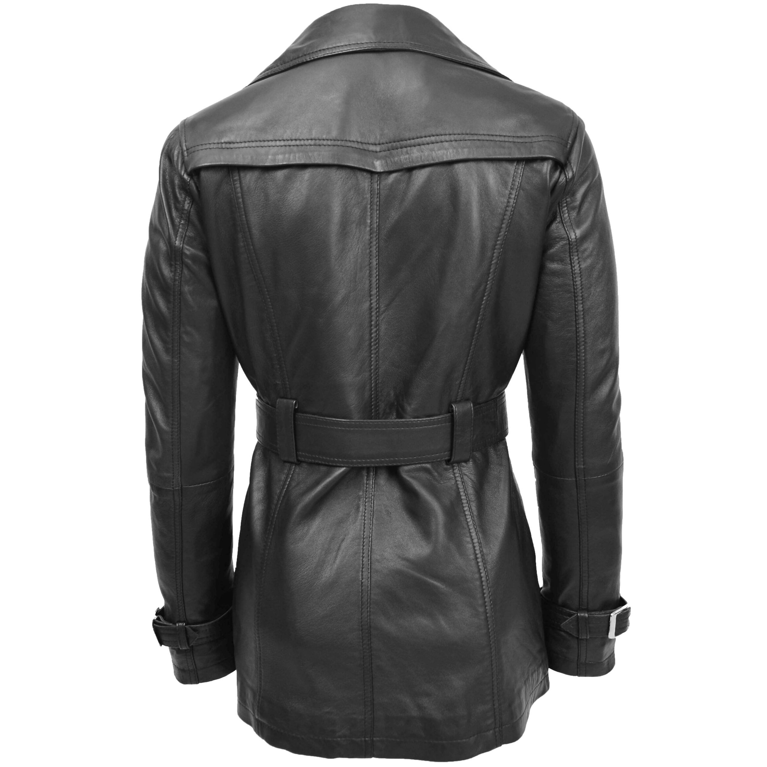 BUNERI Women's Leather Double-Breasted Trench Coat Black – 2