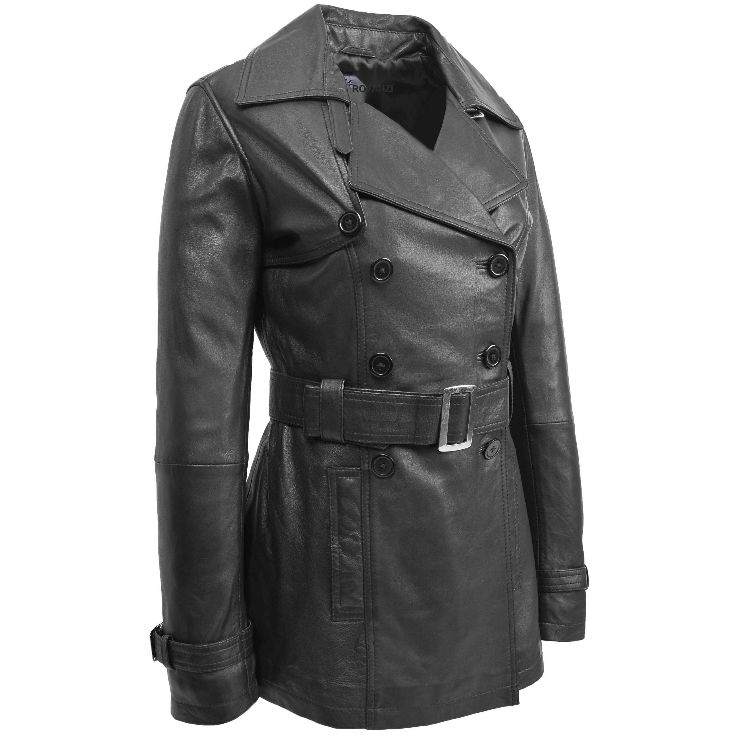 BUNERI Women's Leather Double-Breasted Trench Coat Black – 3