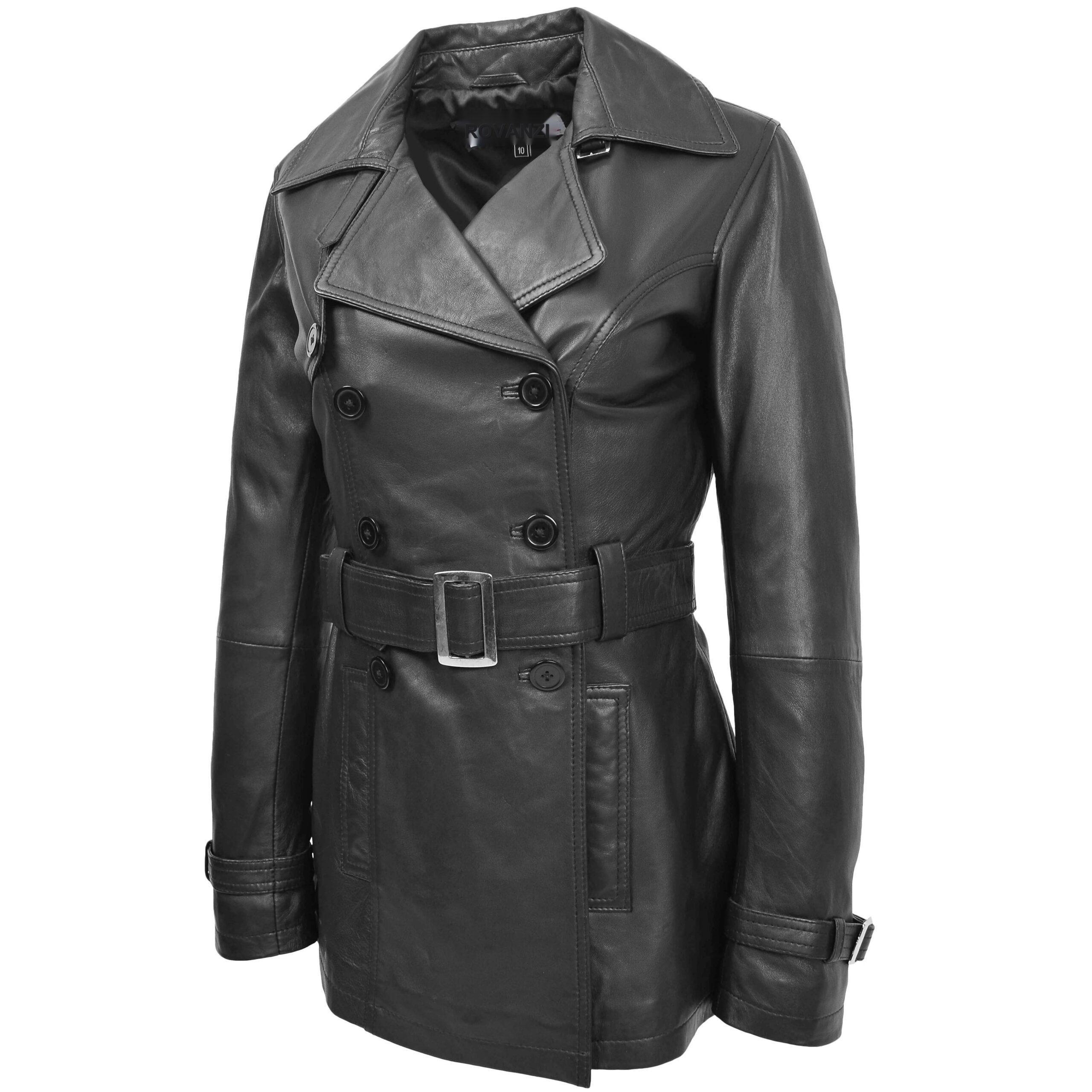 BUNERI Women's Leather Double-Breasted Trench Coat Black – 4