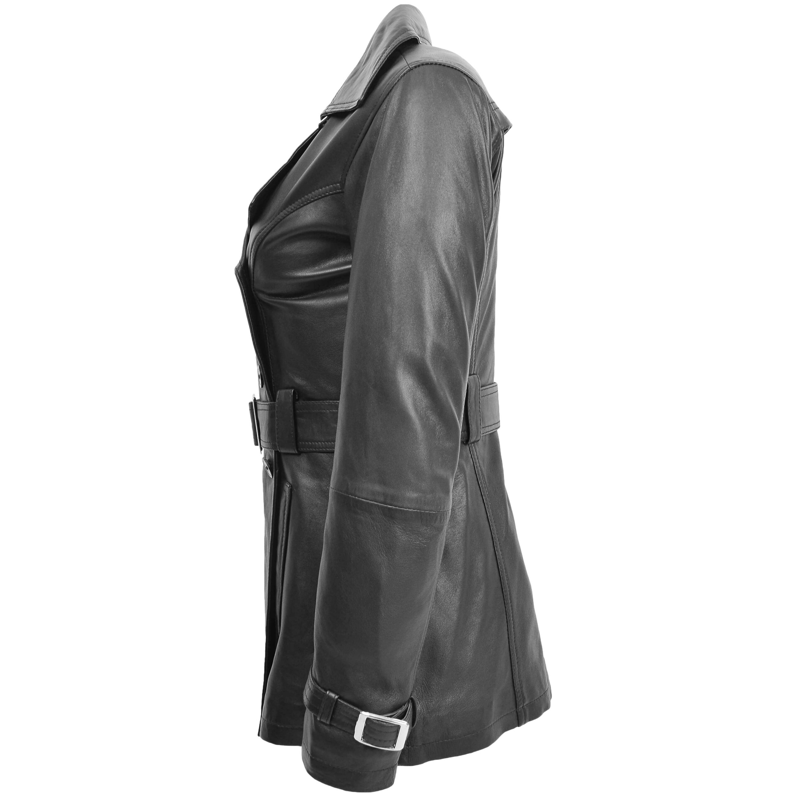 BUNERI Women's Leather Double-Breasted Trench Coat Black – 5