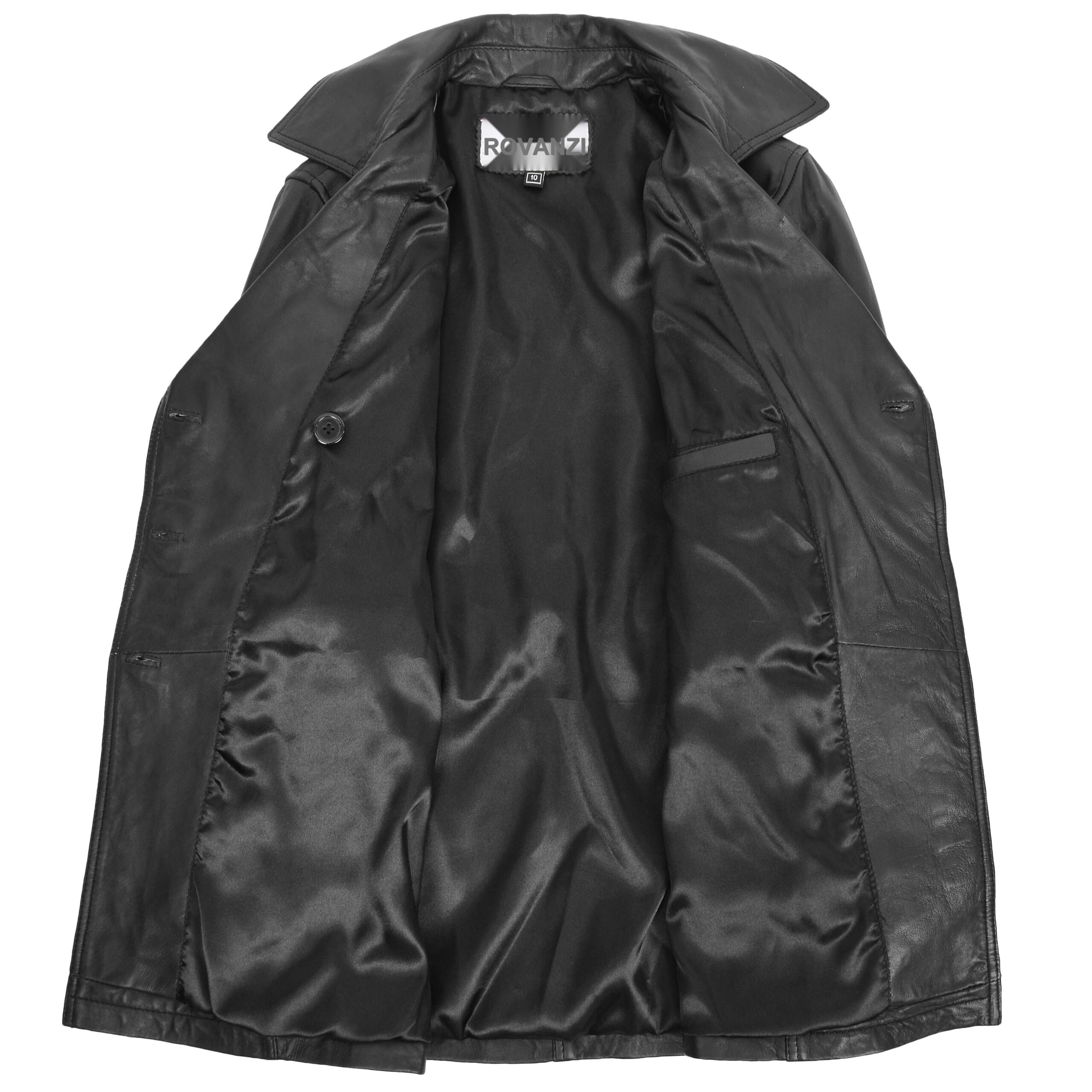 BUNERI Women's Leather Double-Breasted Trench Coat Black – 6