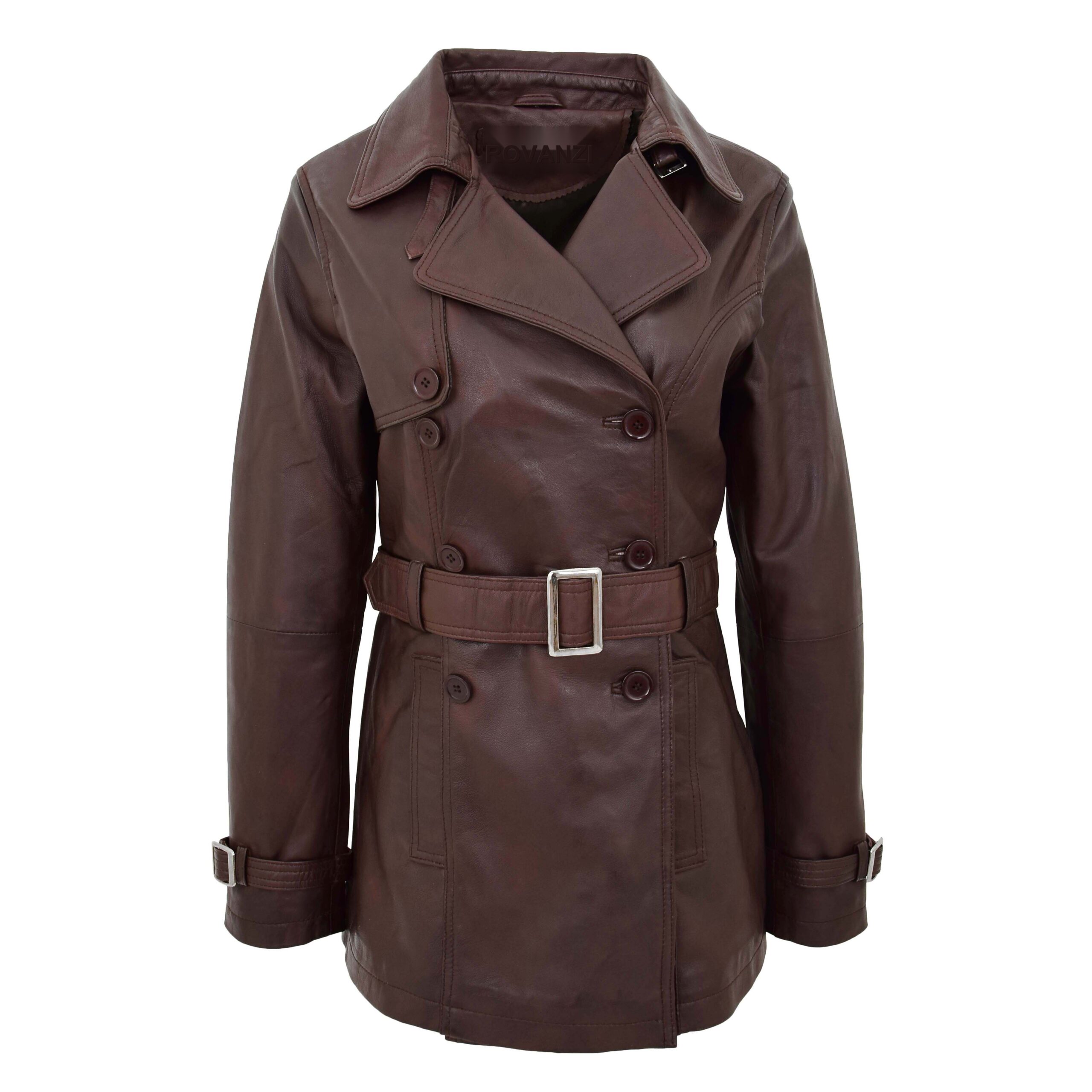 BUNERI Women's Leather Double-Breasted Trench Coat Sienna Brown