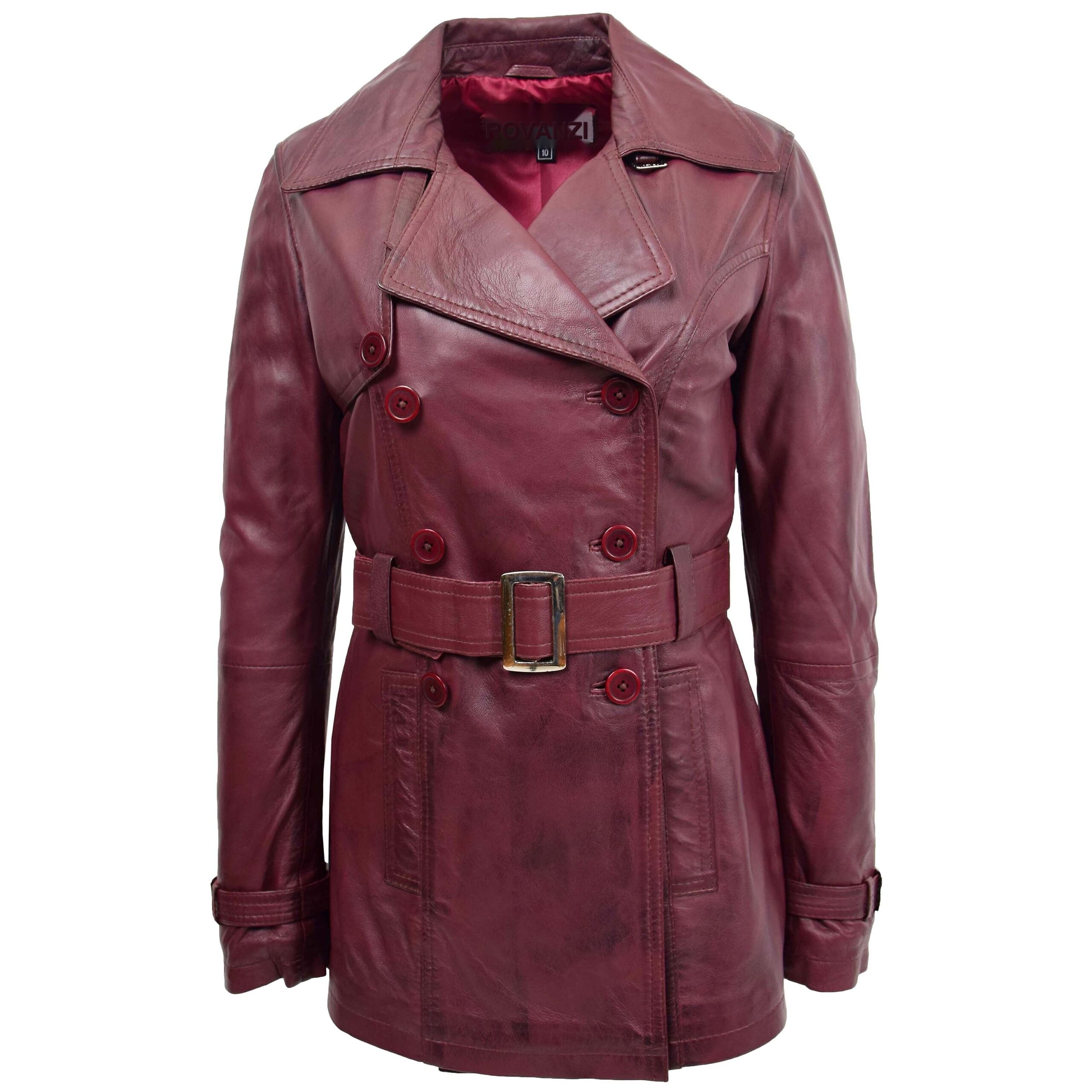 BUNERI Women's Burgundy Leather Double-Breasted Trench Coat II