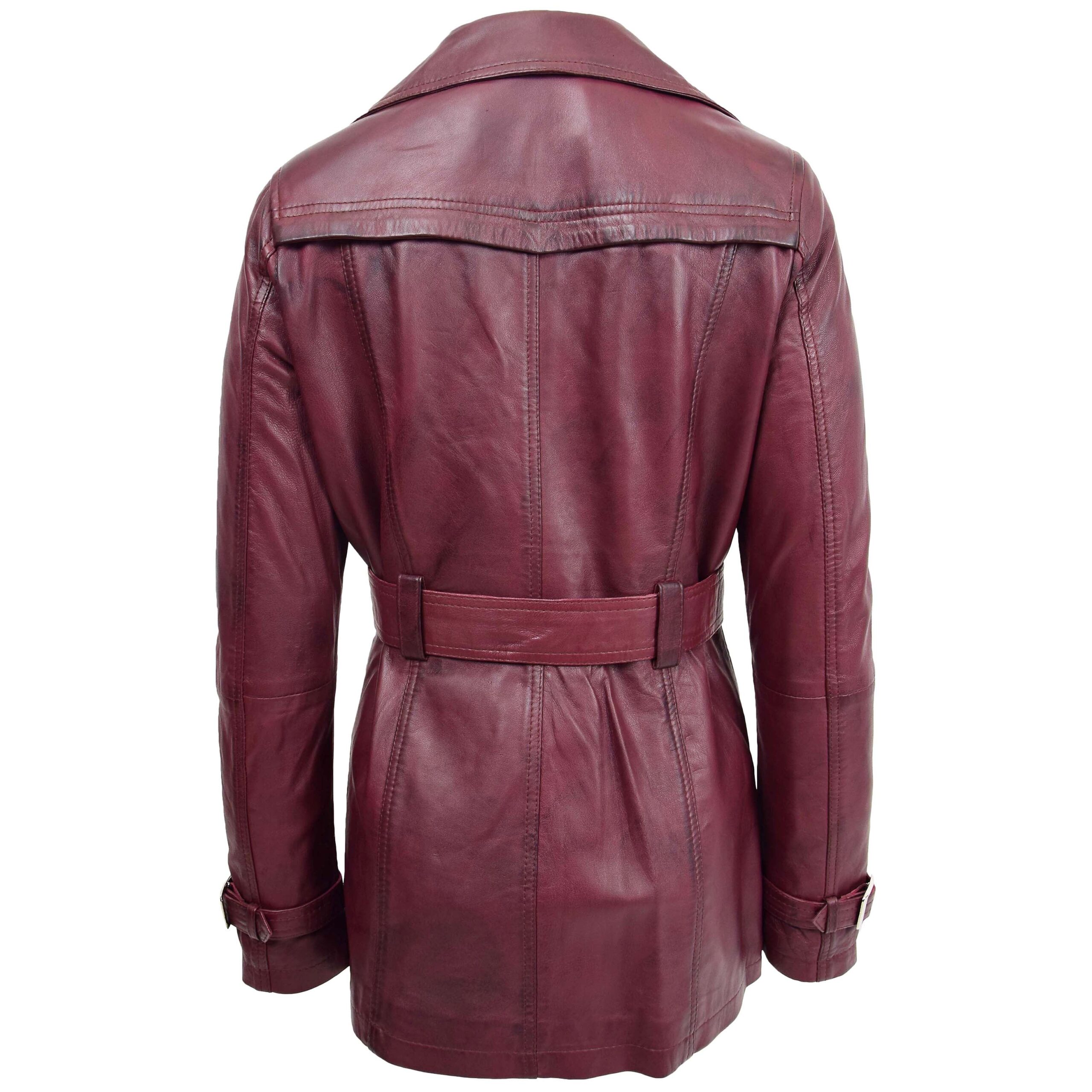 BUNERI Women's Burgundy Leather Double-Breasted Trench Coat II – 2