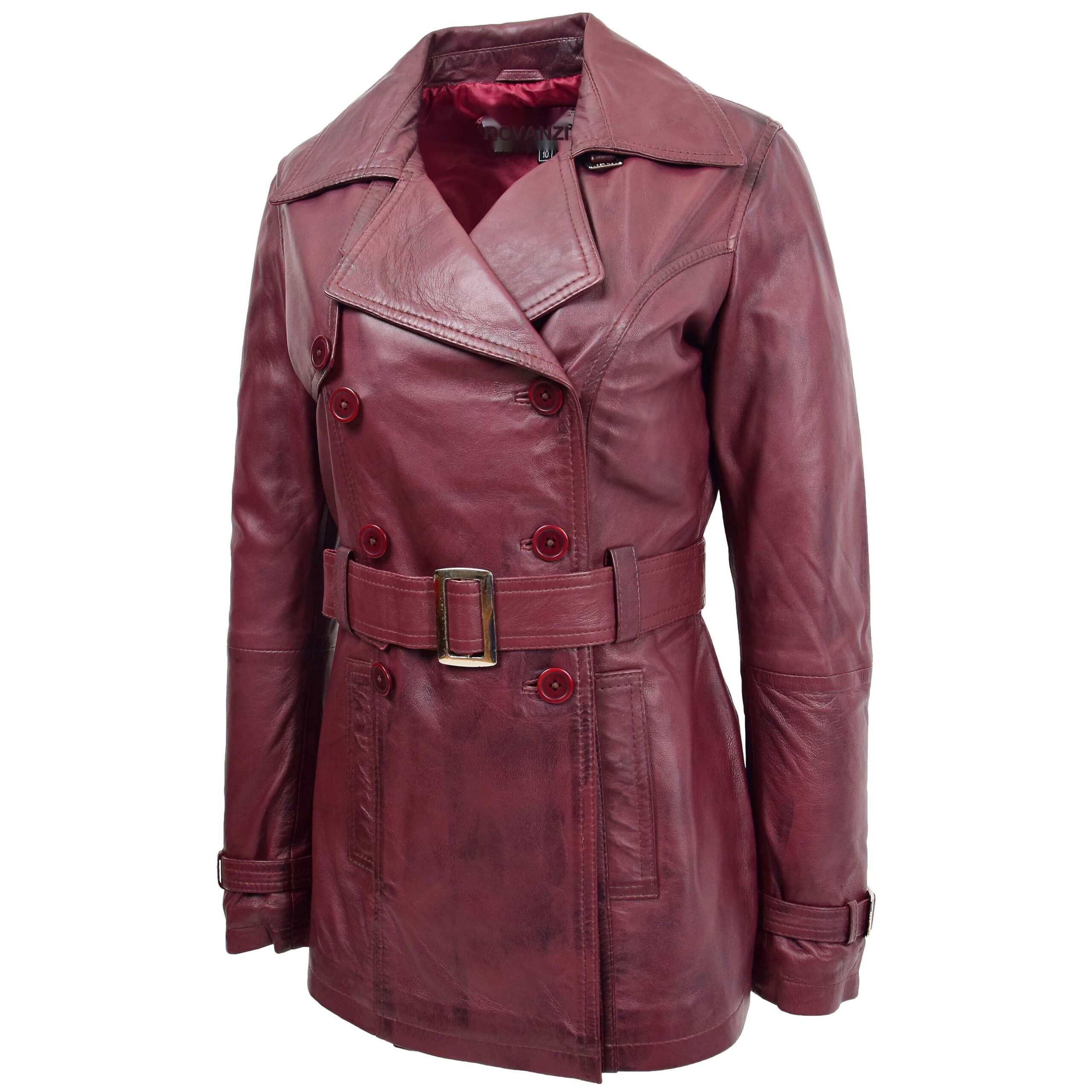 BUNERI Women's Burgundy Leather Double-Breasted Trench Coat II – 3