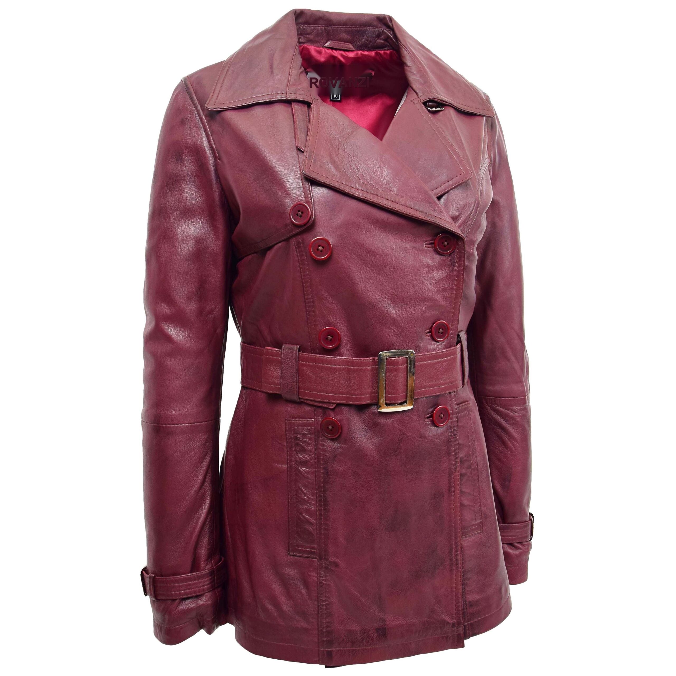 BUNERI Women's Burgundy Leather Double-Breasted Trench Coat II – 4