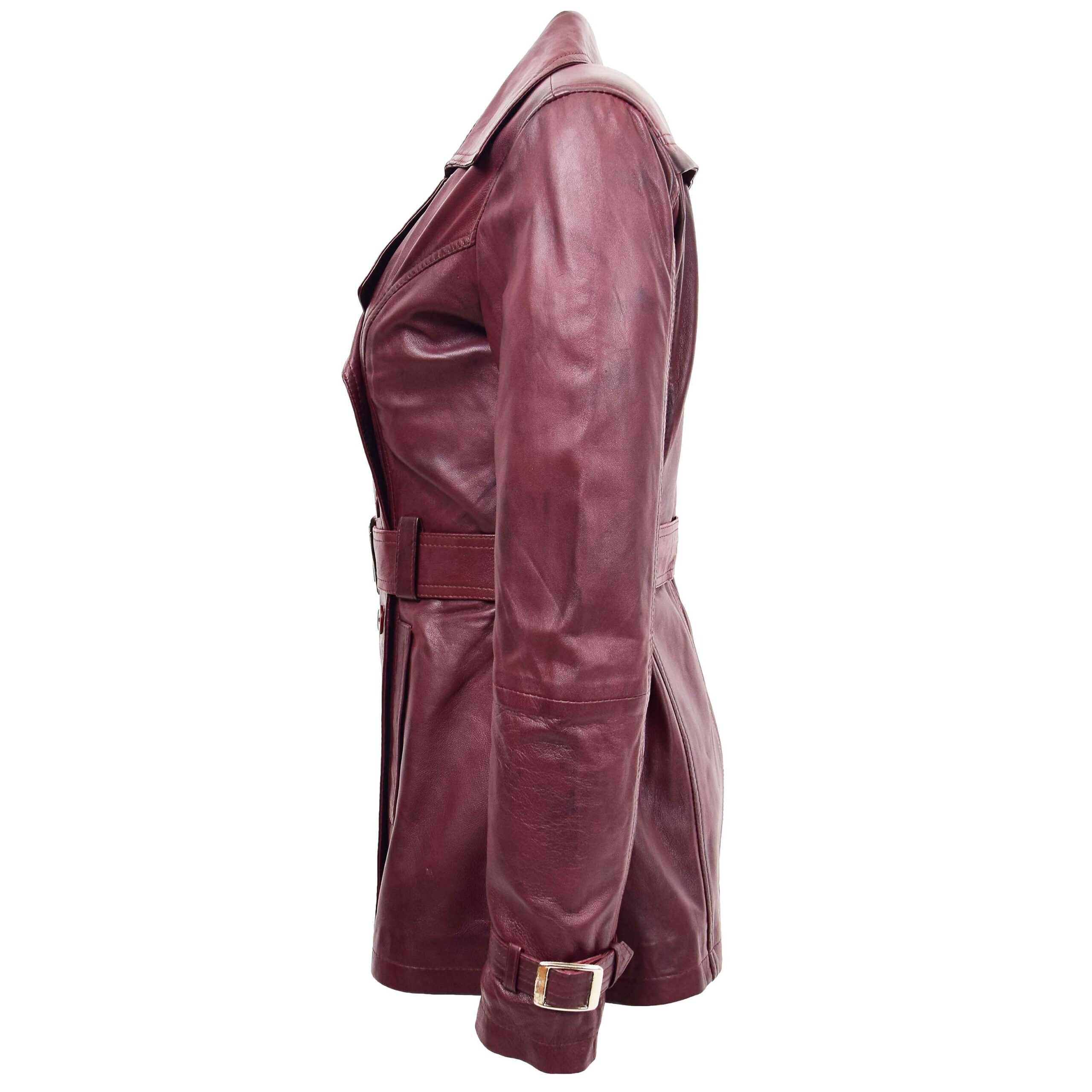 BUNERI Women's Burgundy Leather Double-Breasted Trench Coat II – 5