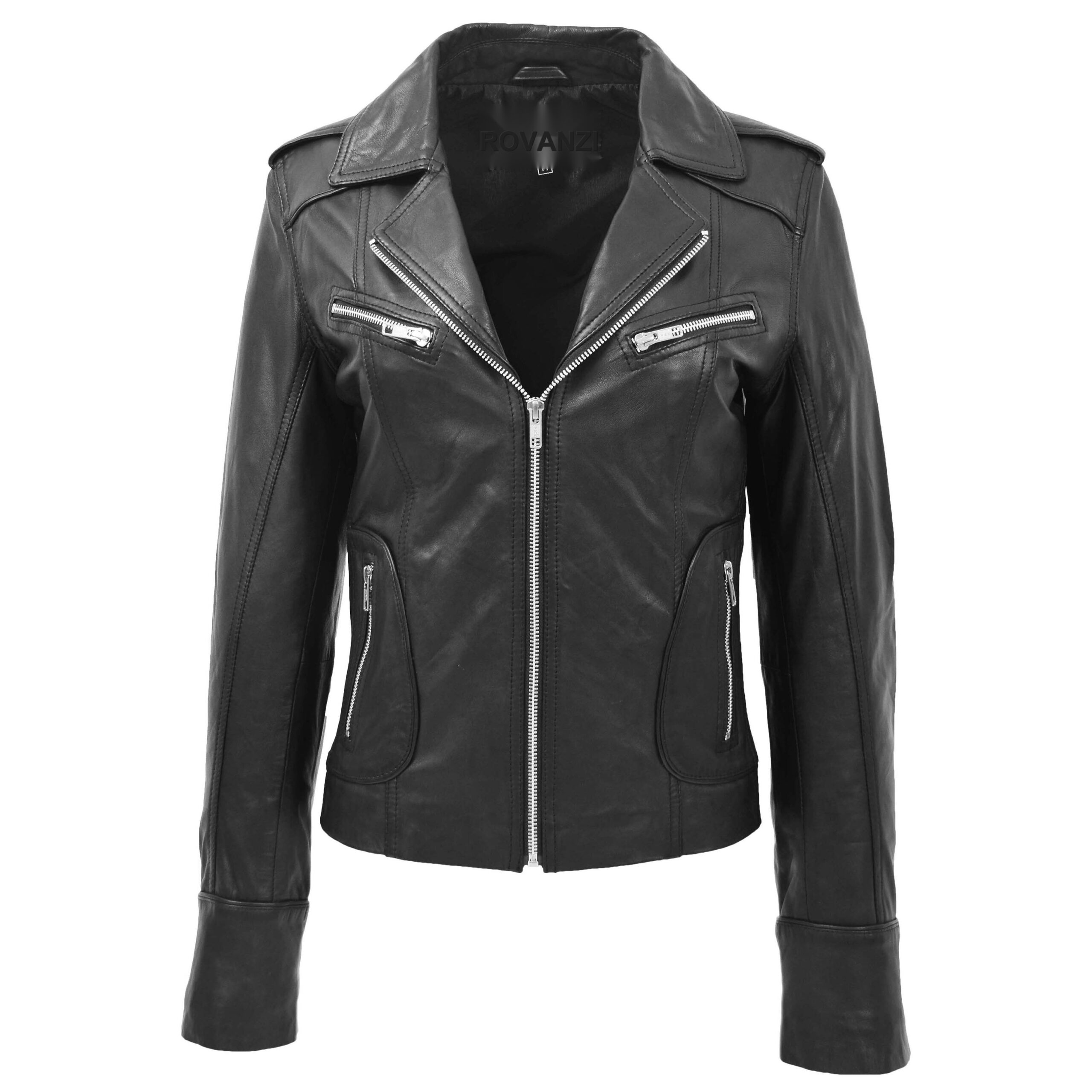 BUNERI Women's Leather Fitted Biker Style Jacket Black