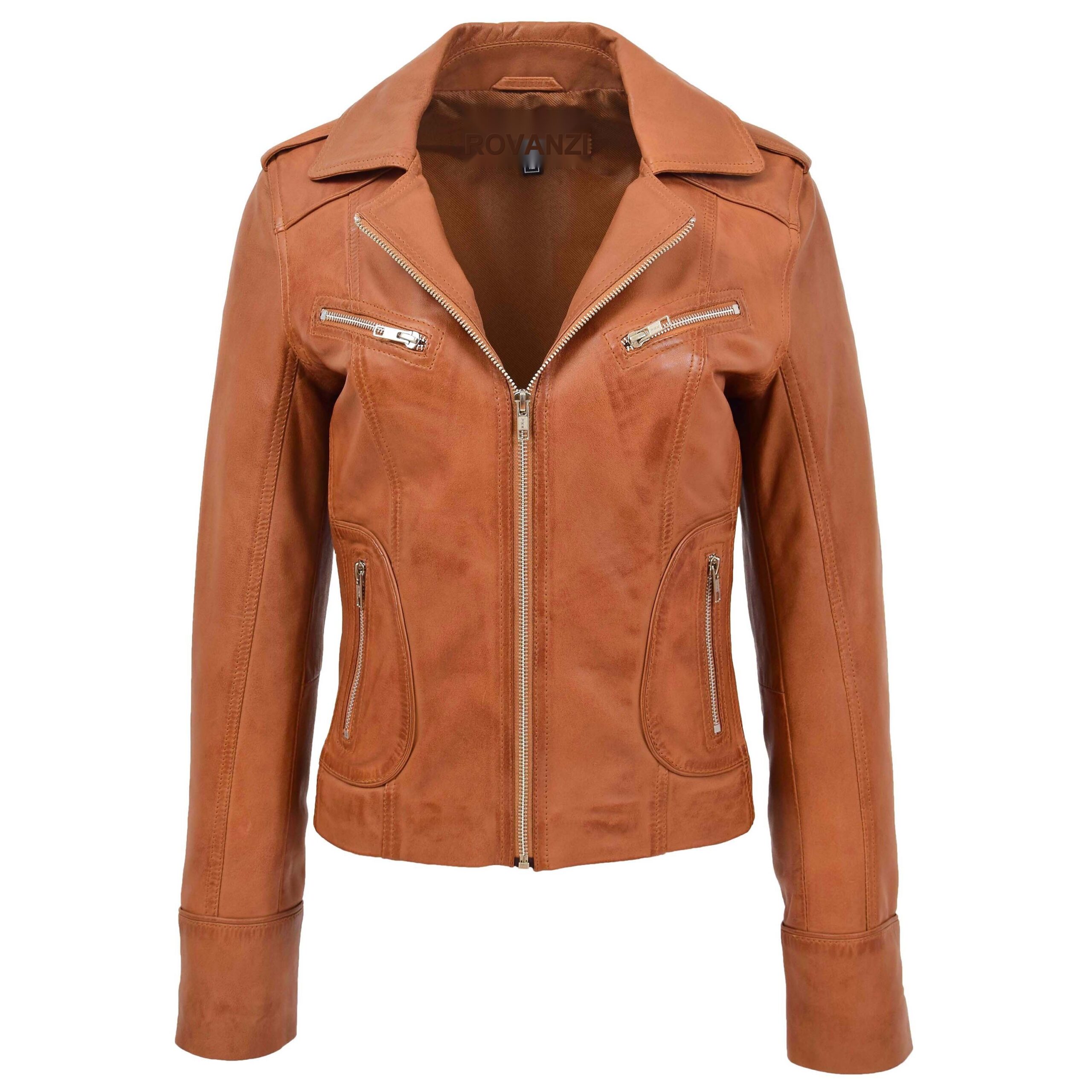 BUNERI Women's Leather Fitted Biker Style Jacket Tan