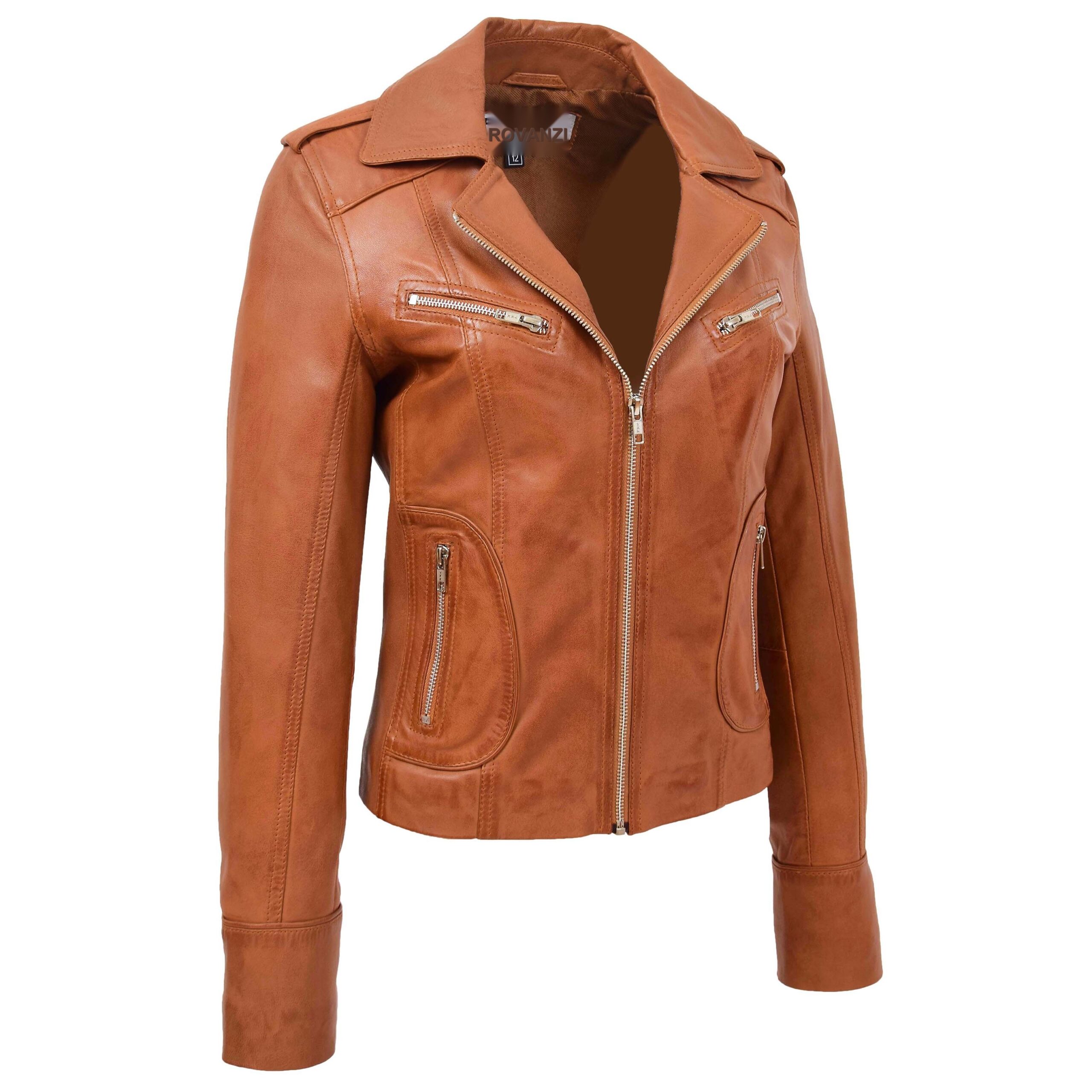 BUNERI Women's Leather Fitted Biker Style Jacket Tan – 3