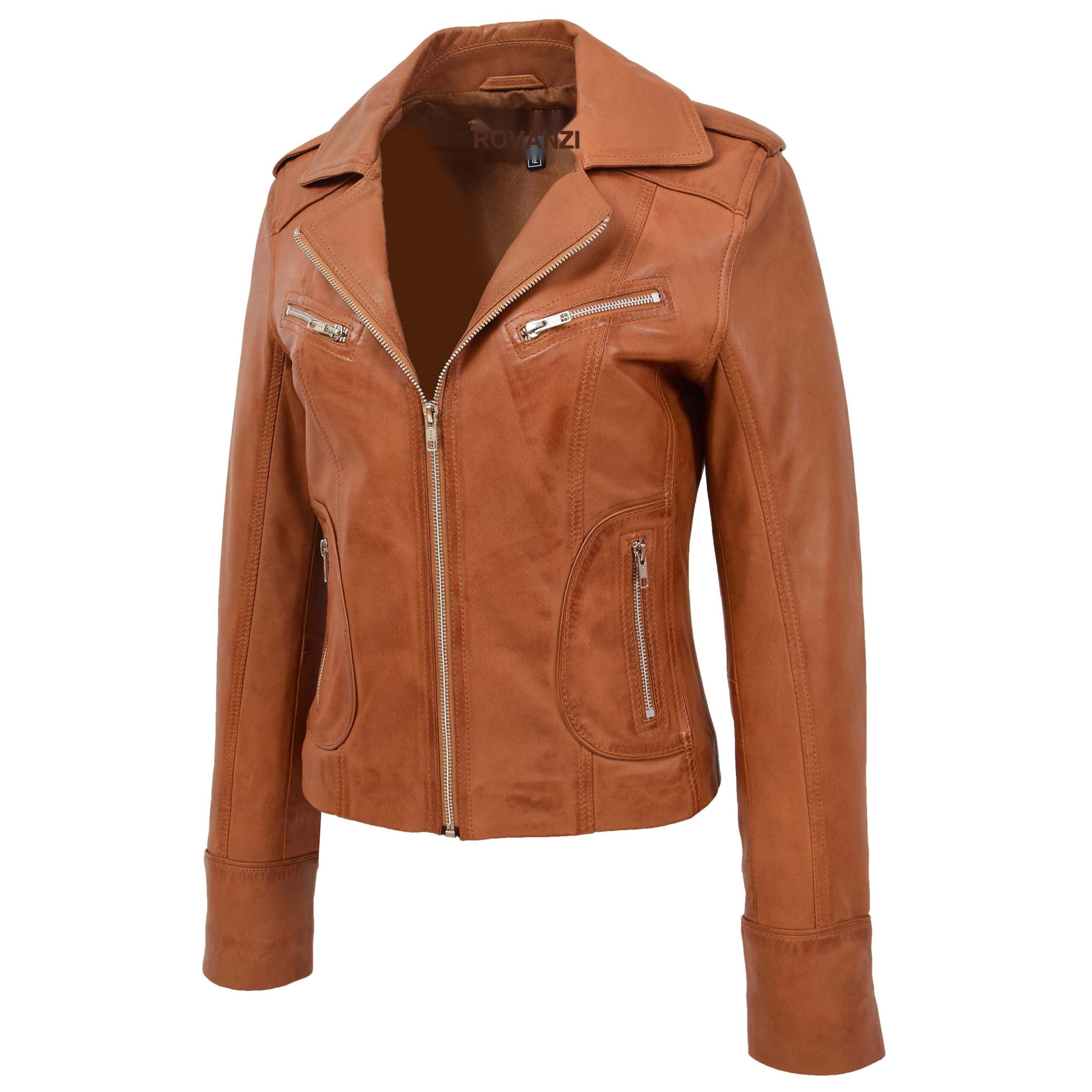 BUNERI Women's Leather Fitted Biker Style Jacket Tan – 4