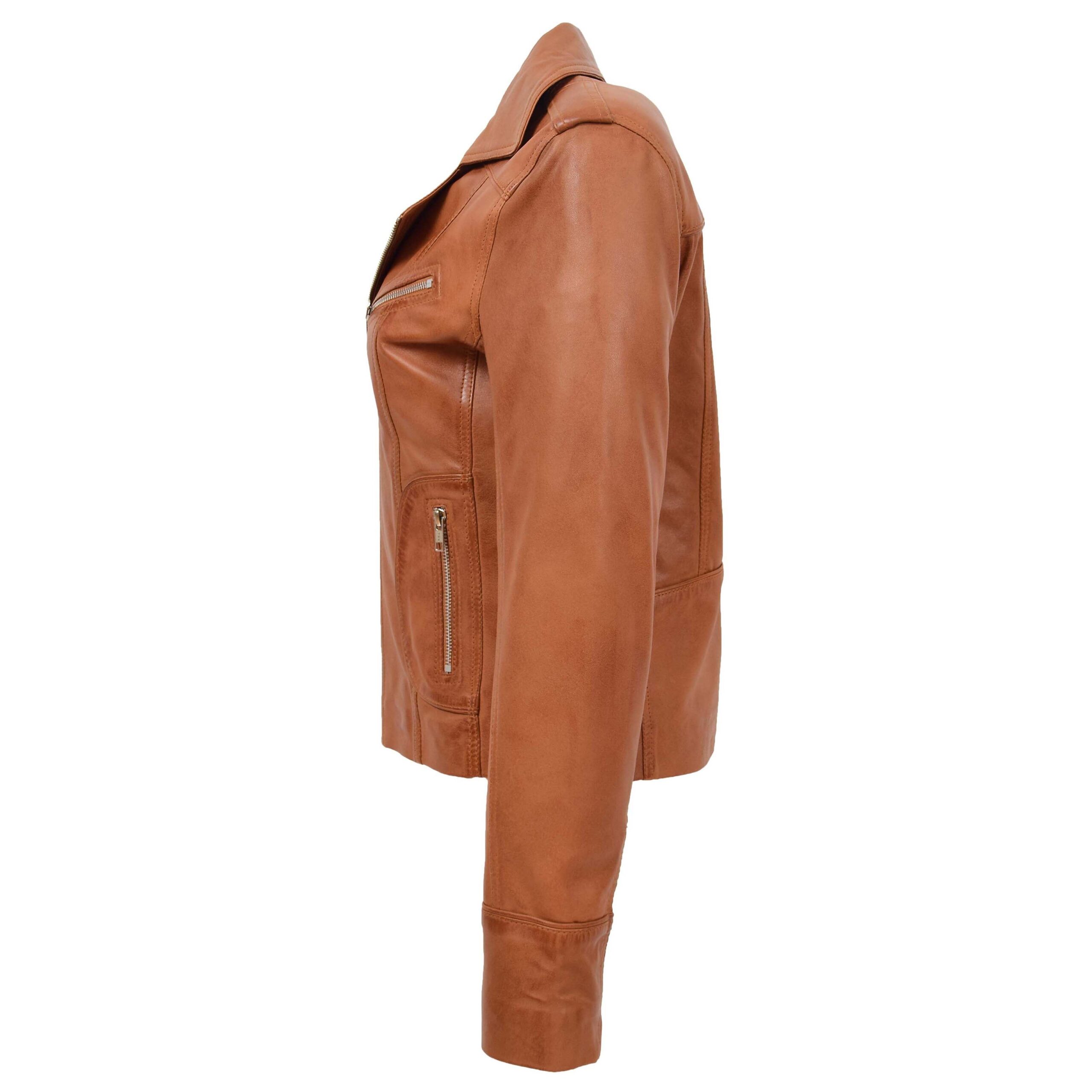 BUNERI Women's Leather Fitted Biker Style Jacket Tan – 5