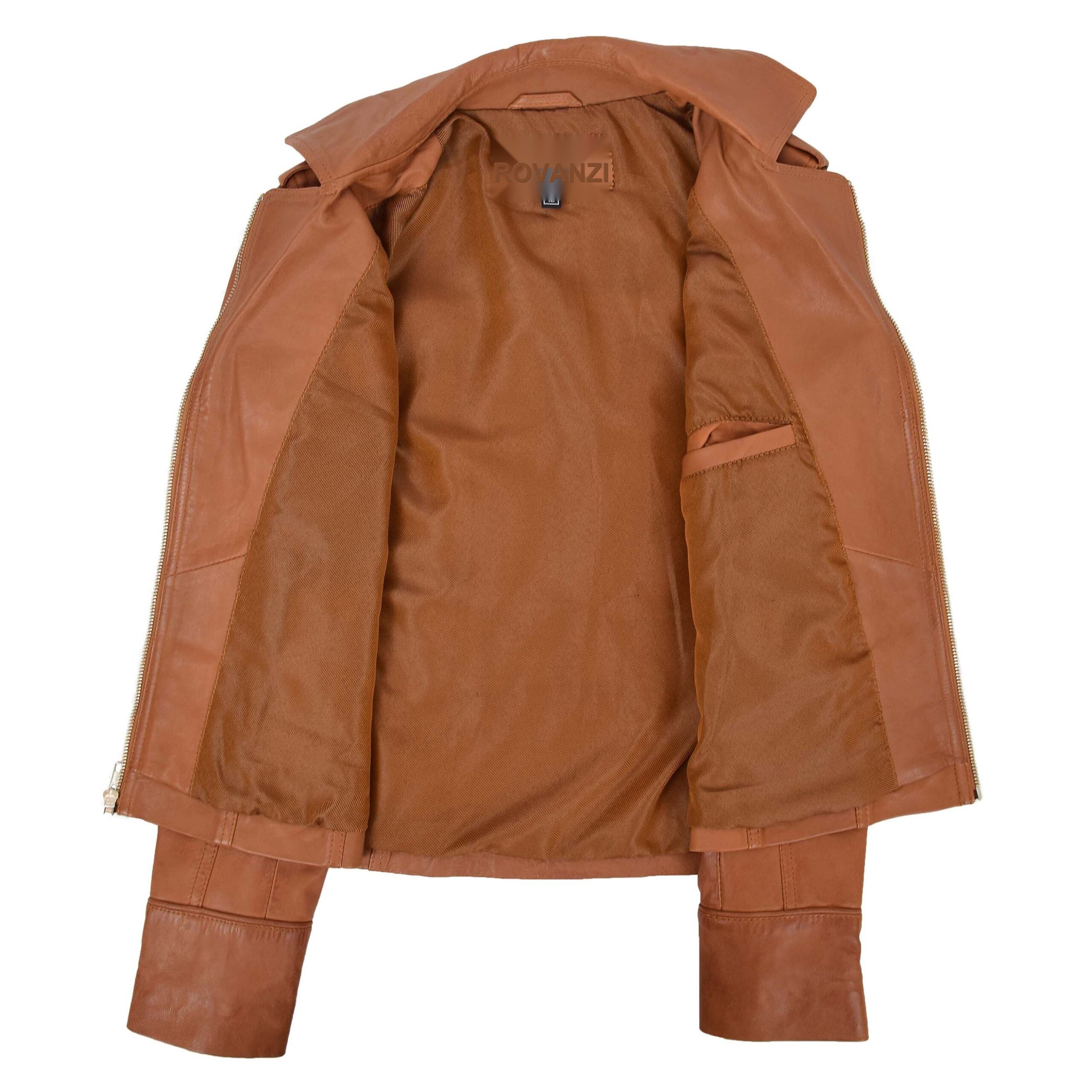 BUNERI Women's Leather Fitted Biker Style Jacket Tan – 6