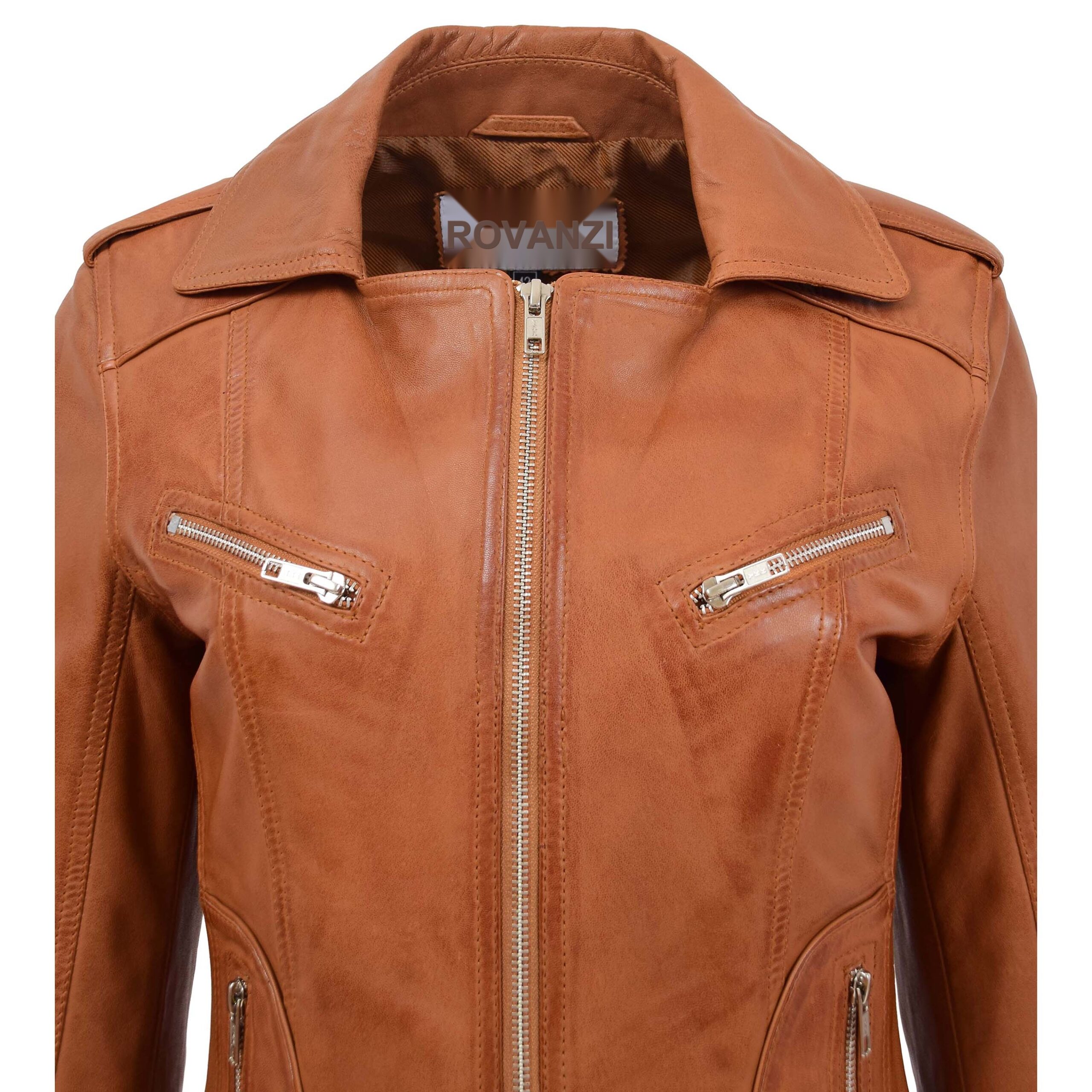 BUNERI Women's Leather Fitted Biker Style Jacket Tan – 7