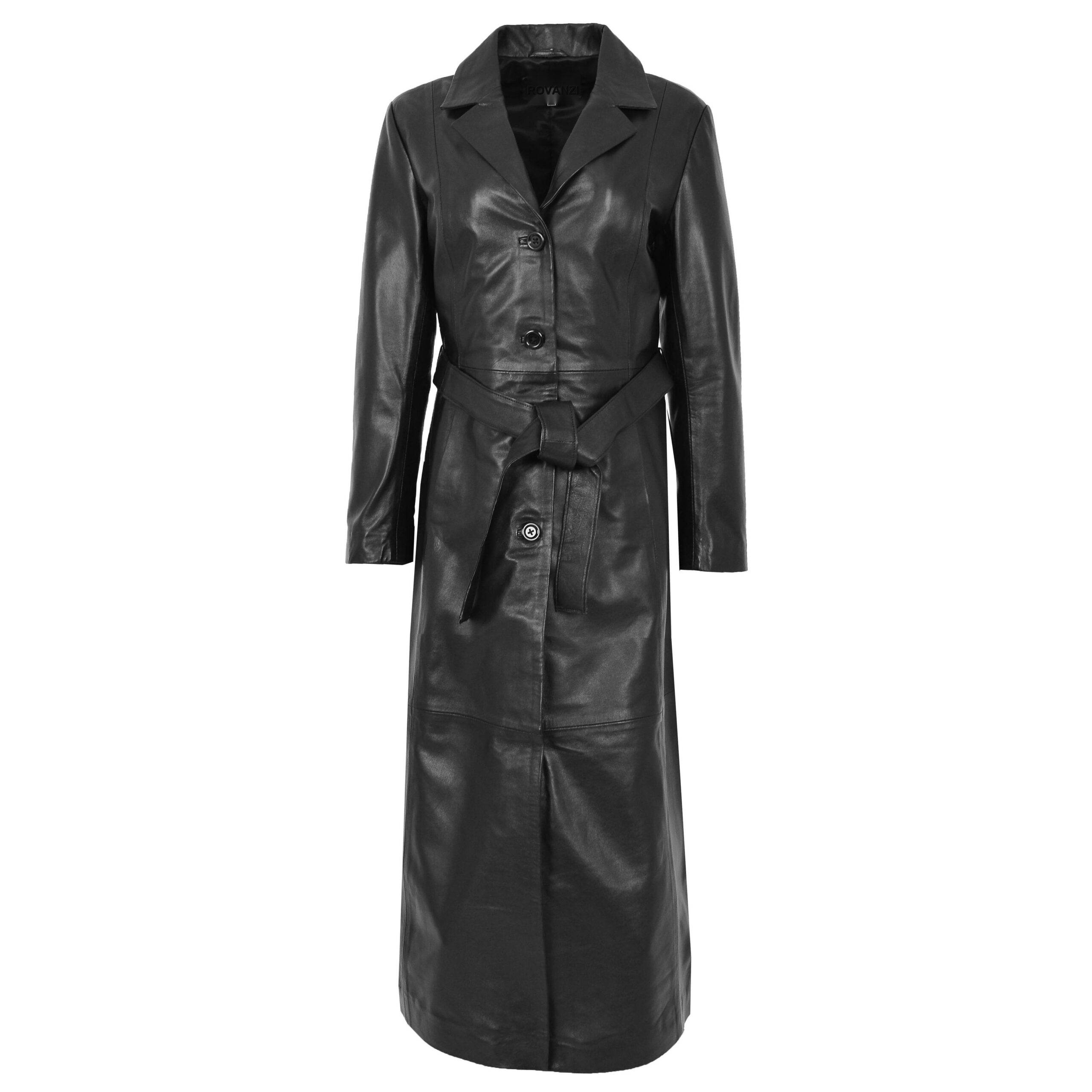 BUNERI Women's Black Leather Full-Length Classic Coat